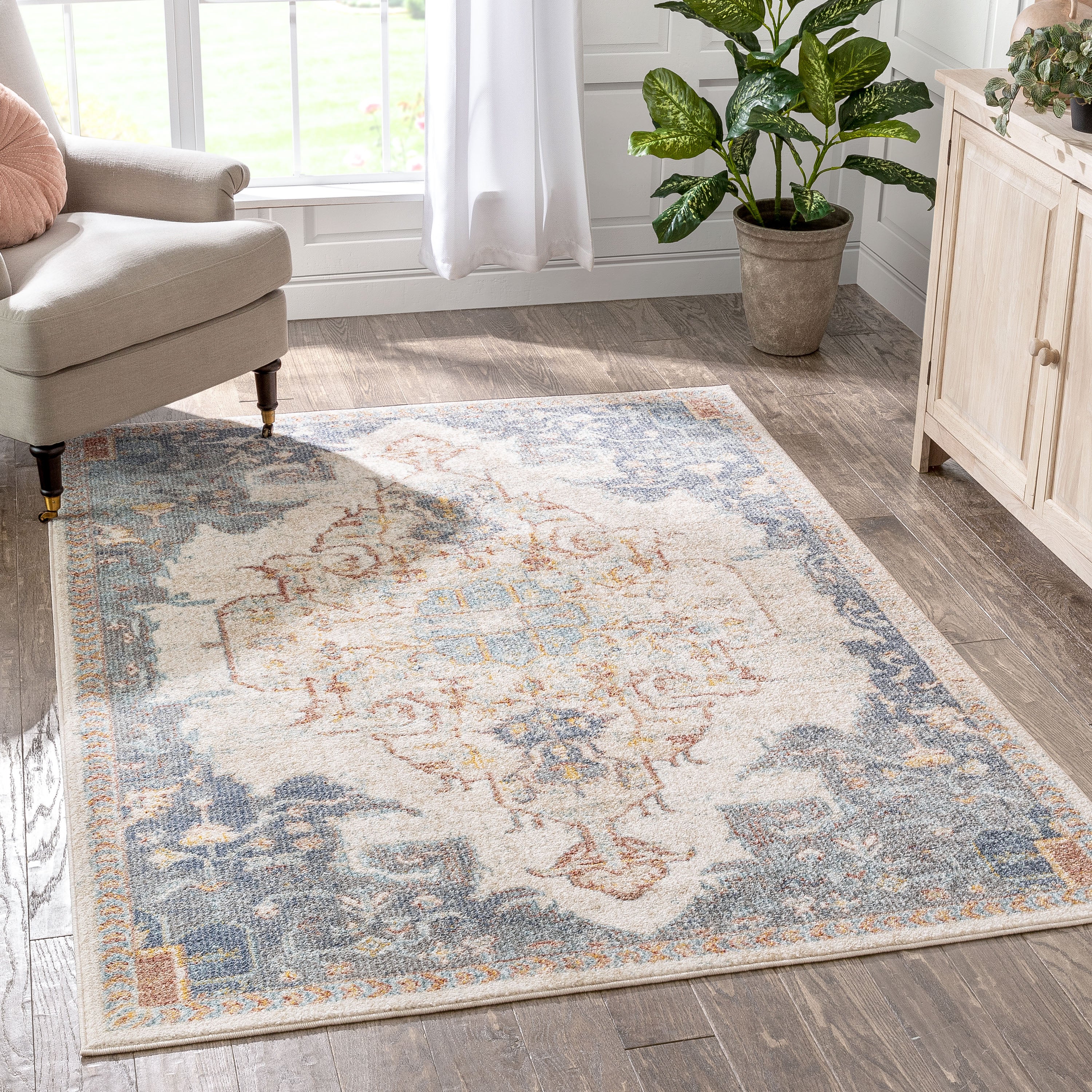 Lyon Vintage Bohemian Medallion Oriental Botanical Ivory Blue Rug