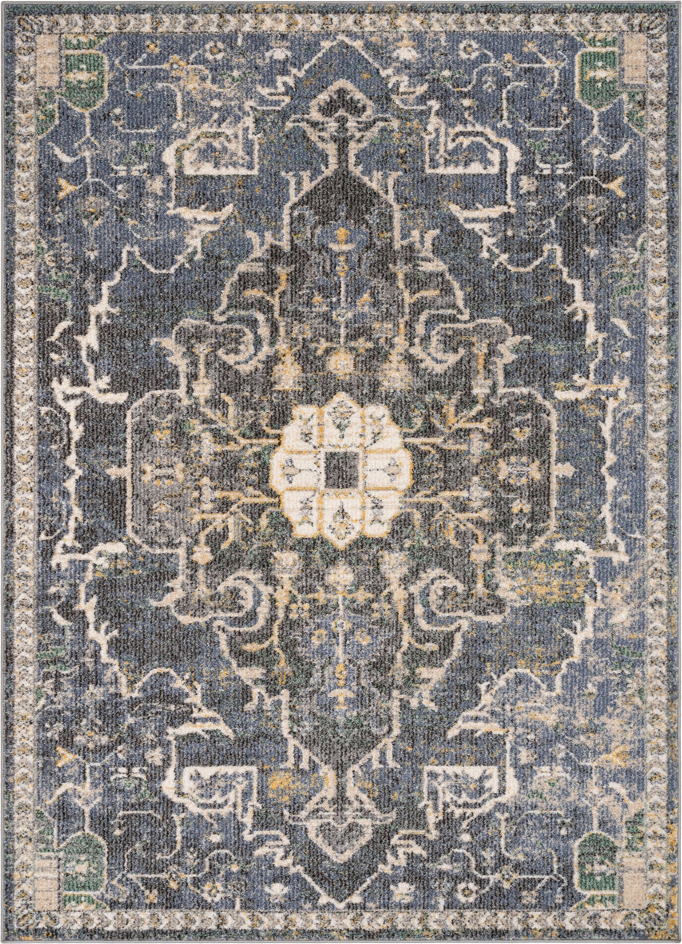 Lyon Vintage Bohemian Medallion Oriental Botanical Blue Rug