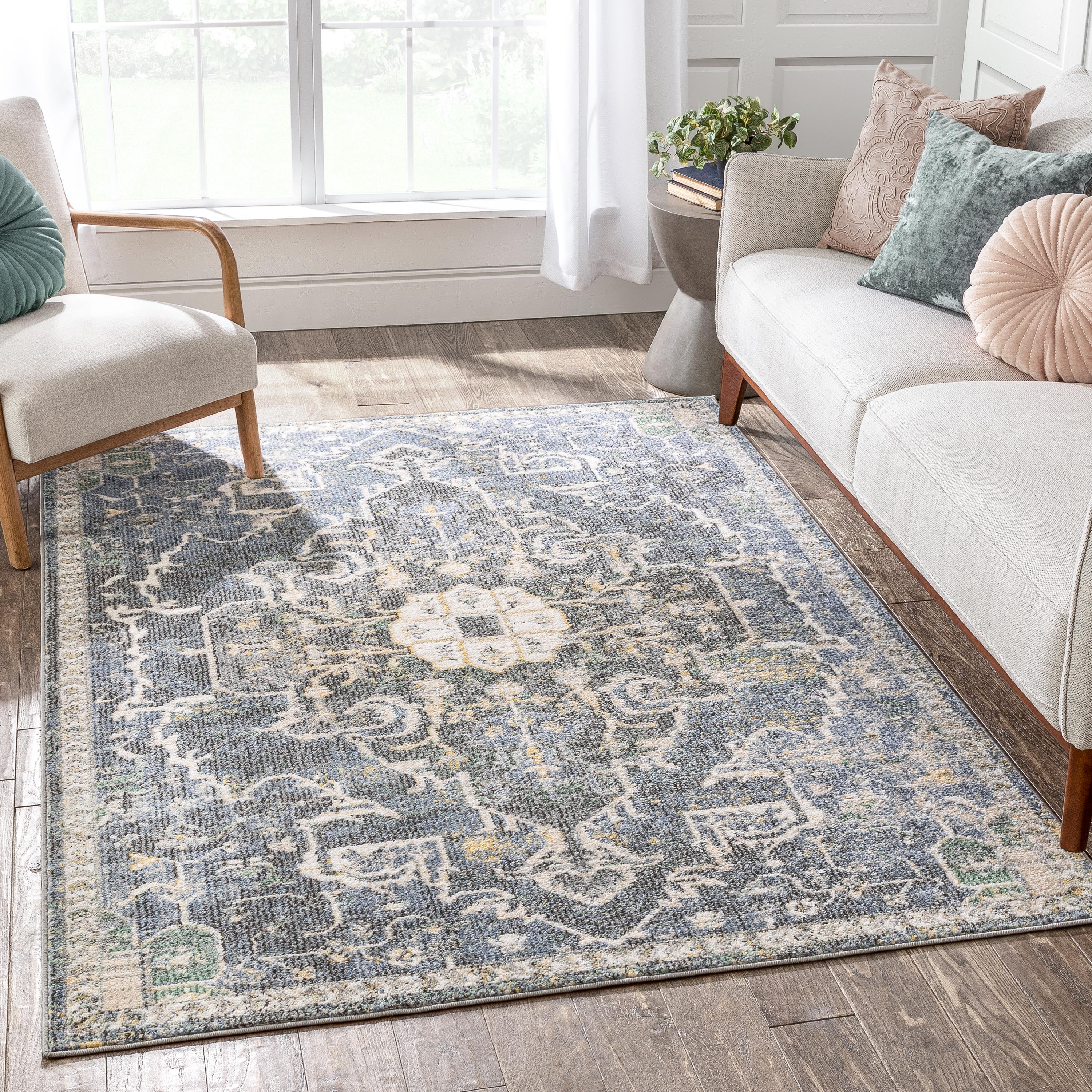 Lyon Vintage Bohemian Medallion Oriental Botanical Blue Rug