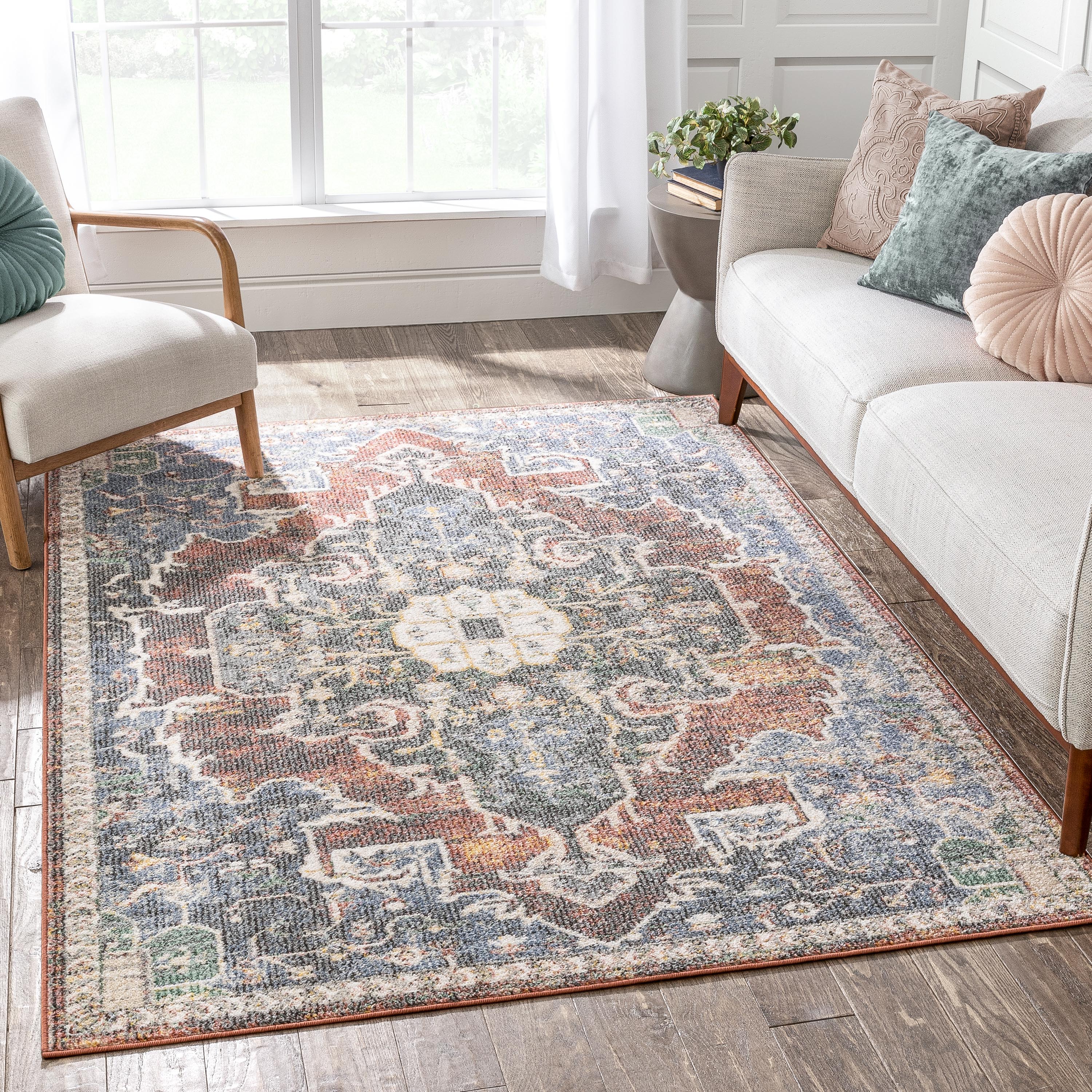 Lyon Vintage Bohemian Medallion Oriental Botanical Red Rust Blue Rug