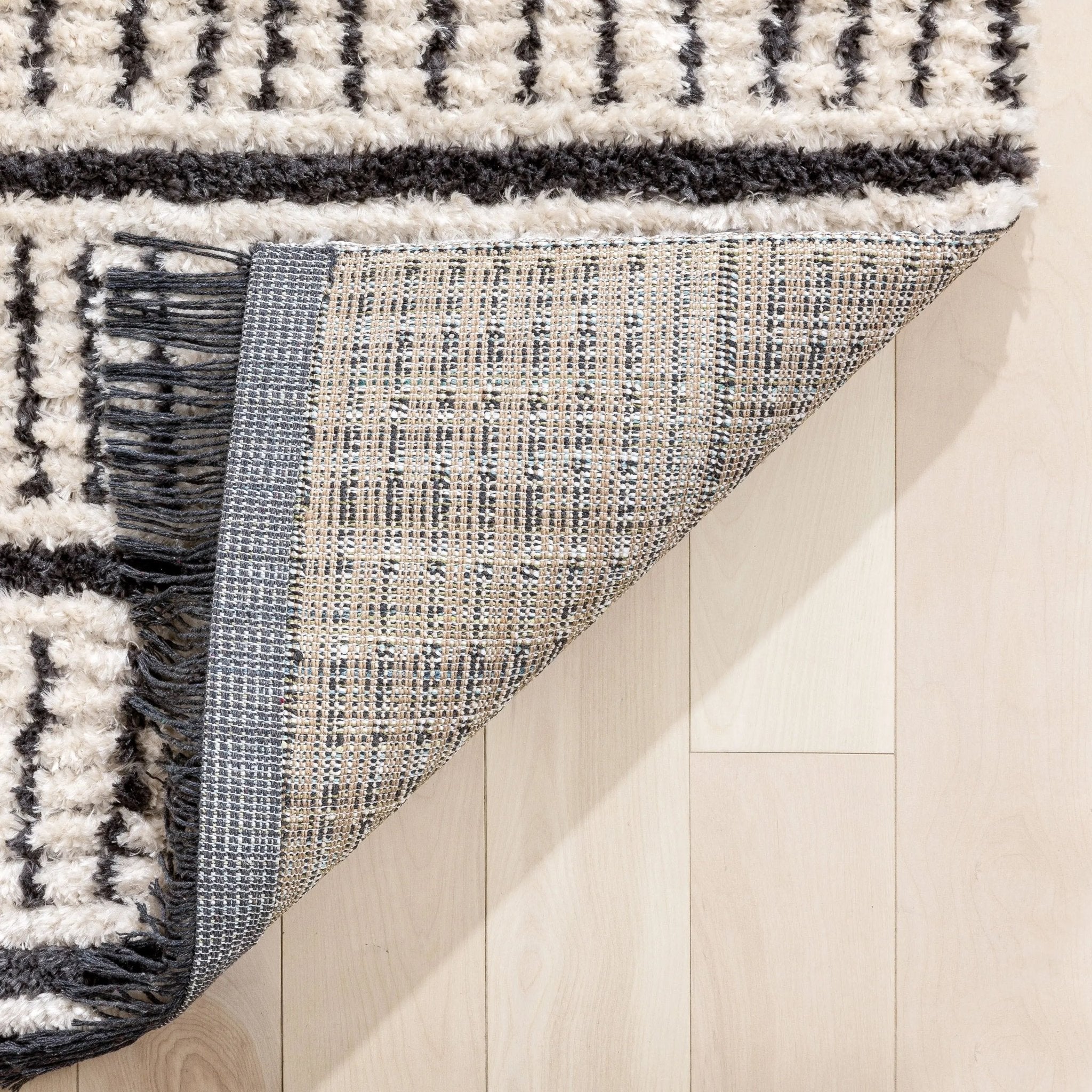 Viho Tribal Geometric Stripes Ivory High-Low Textured Pile Rug Well Woven