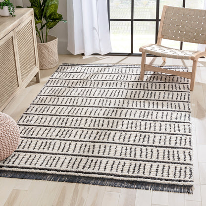 Viho Tribal Geometric Stripes Ivory High-Low Textured Pile Rug