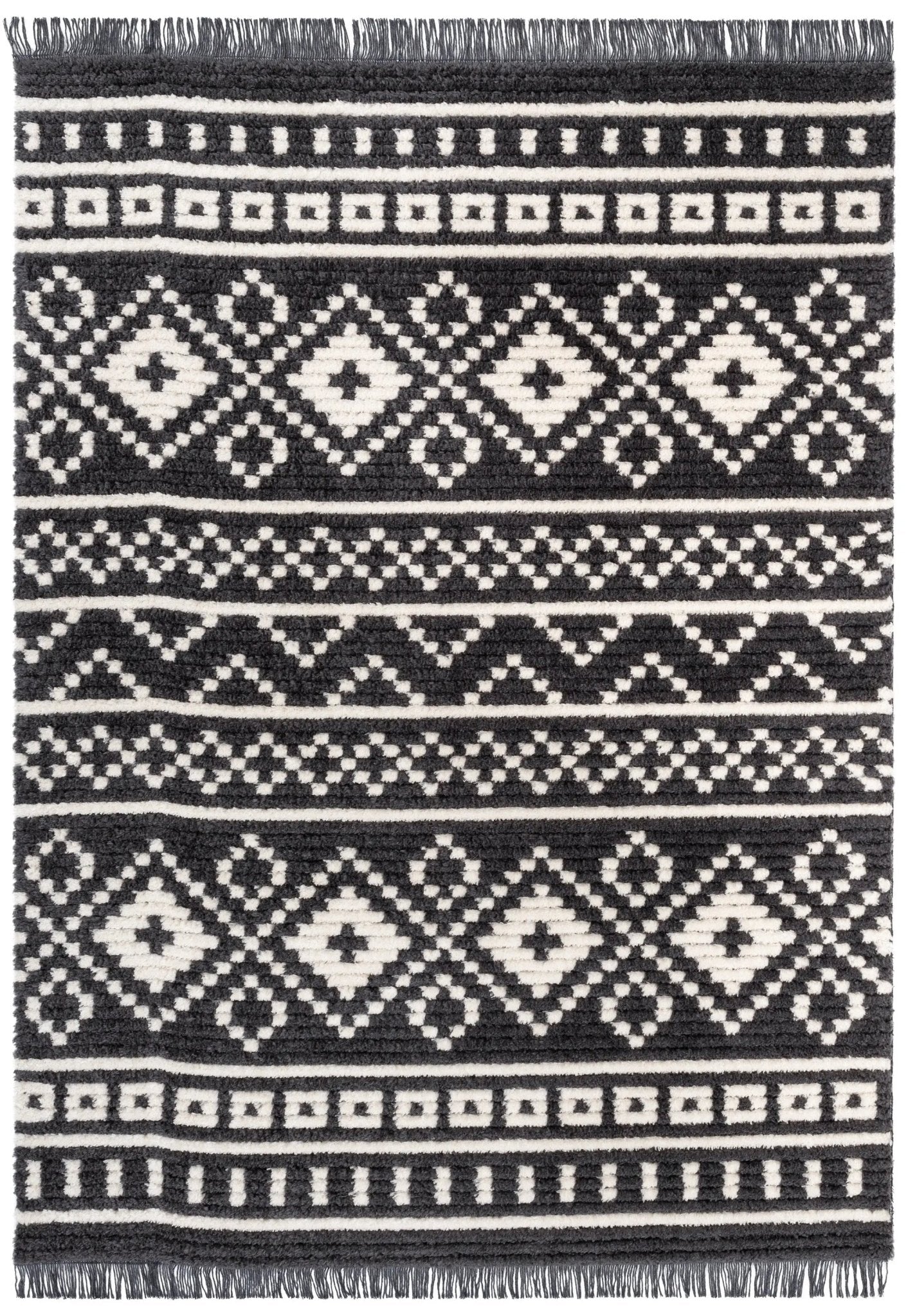 Nokomis Tribal Diamond Lattice Pattern Grey High-Low Textured Pile Rug Well Woven