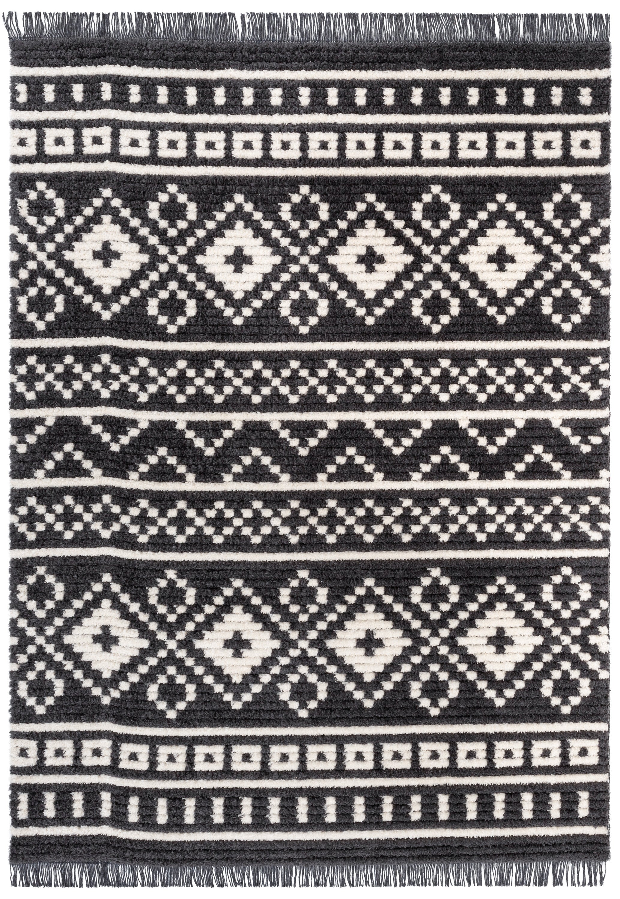 Nokomis Tribal Diamond Lattice Pattern Grey High-Low Textured Pile Rug