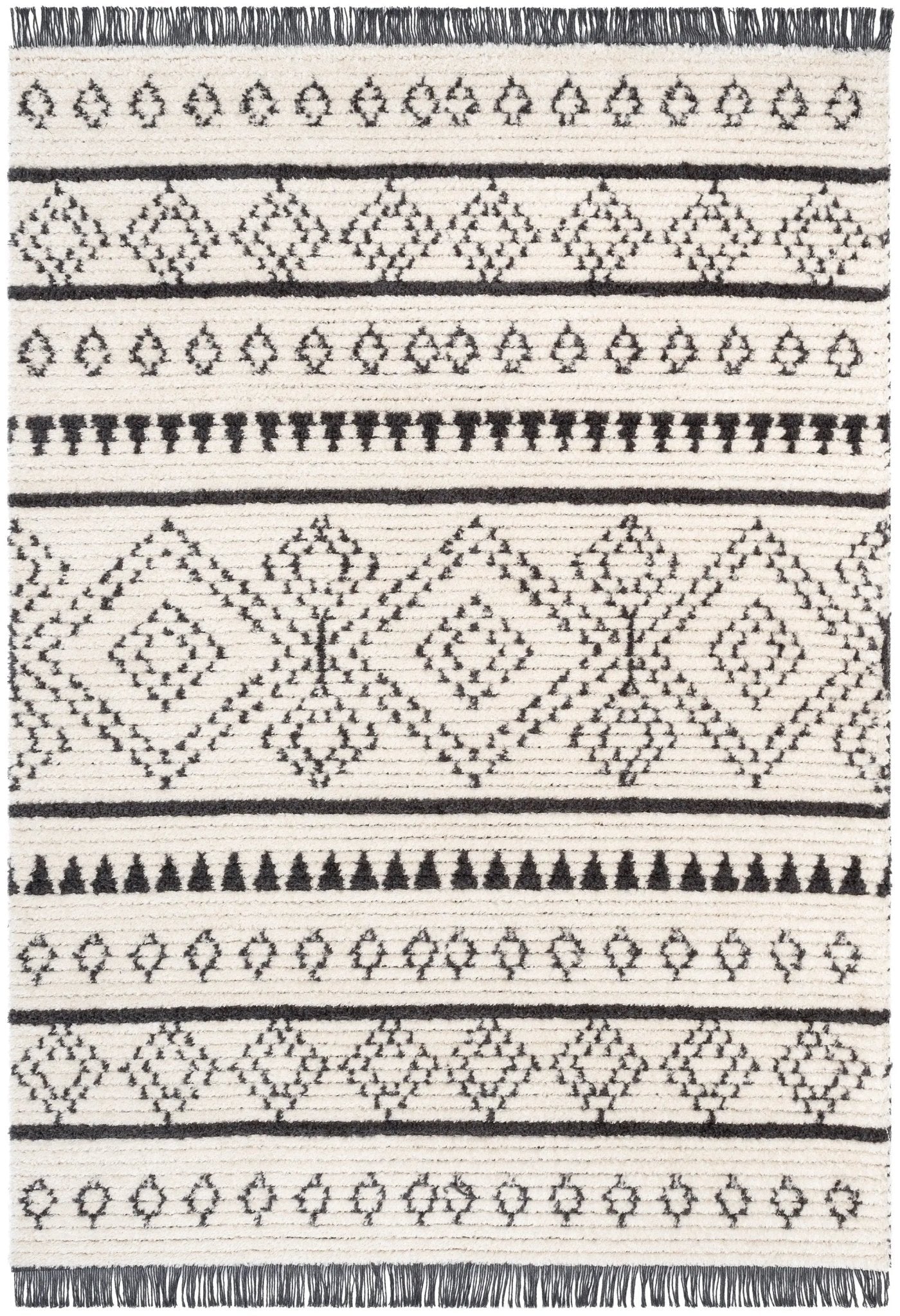 Odina Tribal Diamond Lattice Pattern Grey High-Low Textured Pile Rug Well Woven