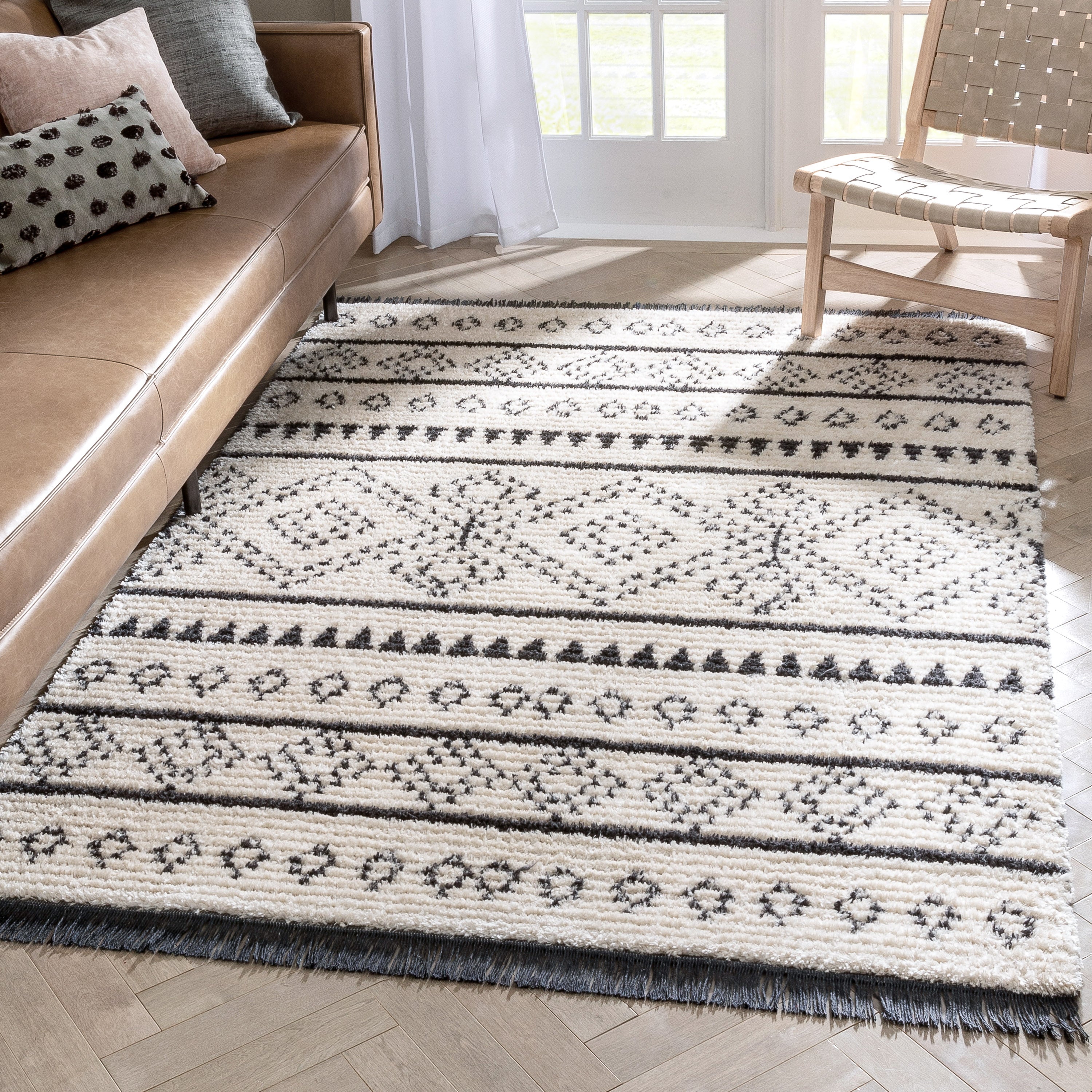 Odina Tribal Diamond Lattice Pattern Grey High-Low Textured Pile Rug