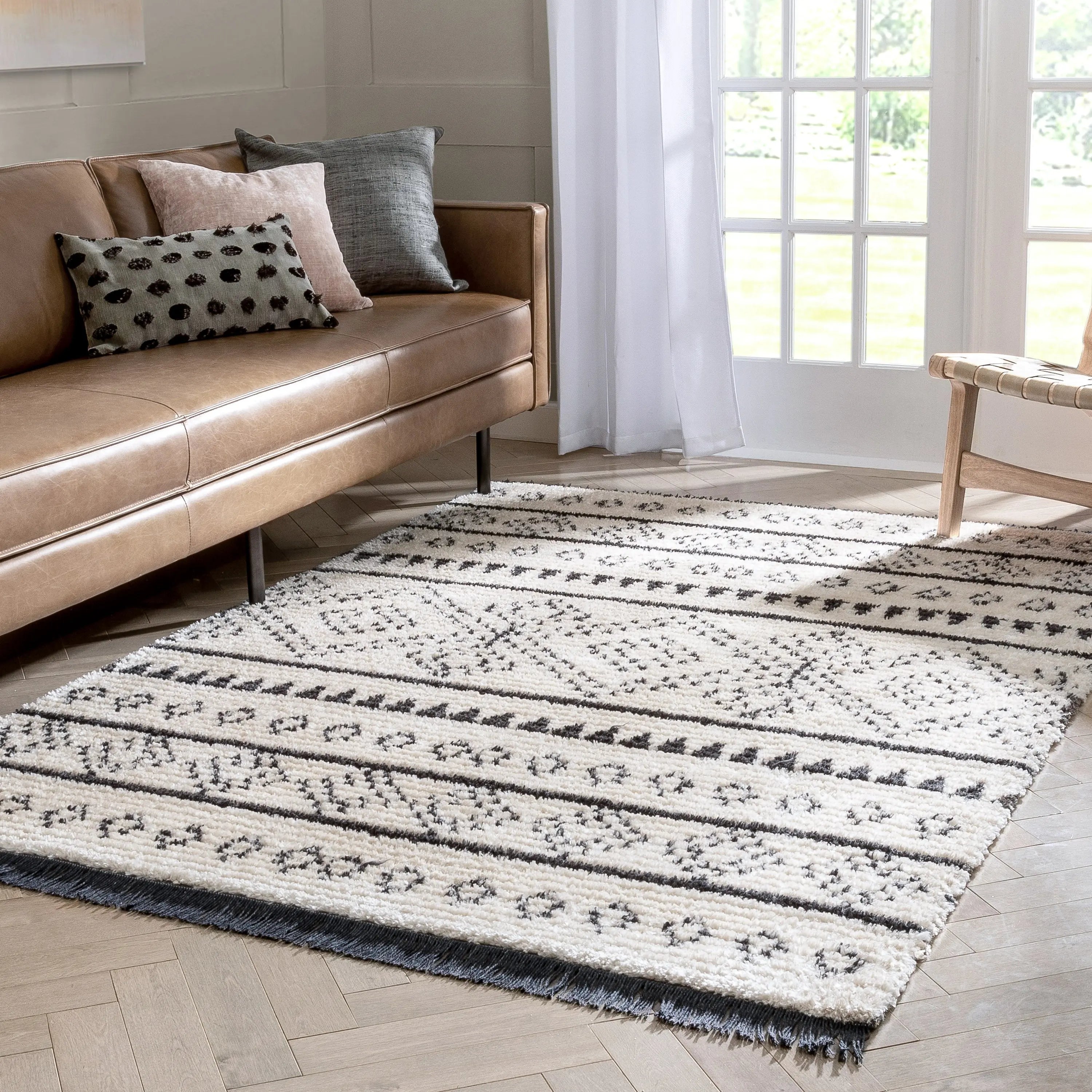 Odina Tribal Diamond Lattice Pattern Grey High-Low Textured Pile Rug