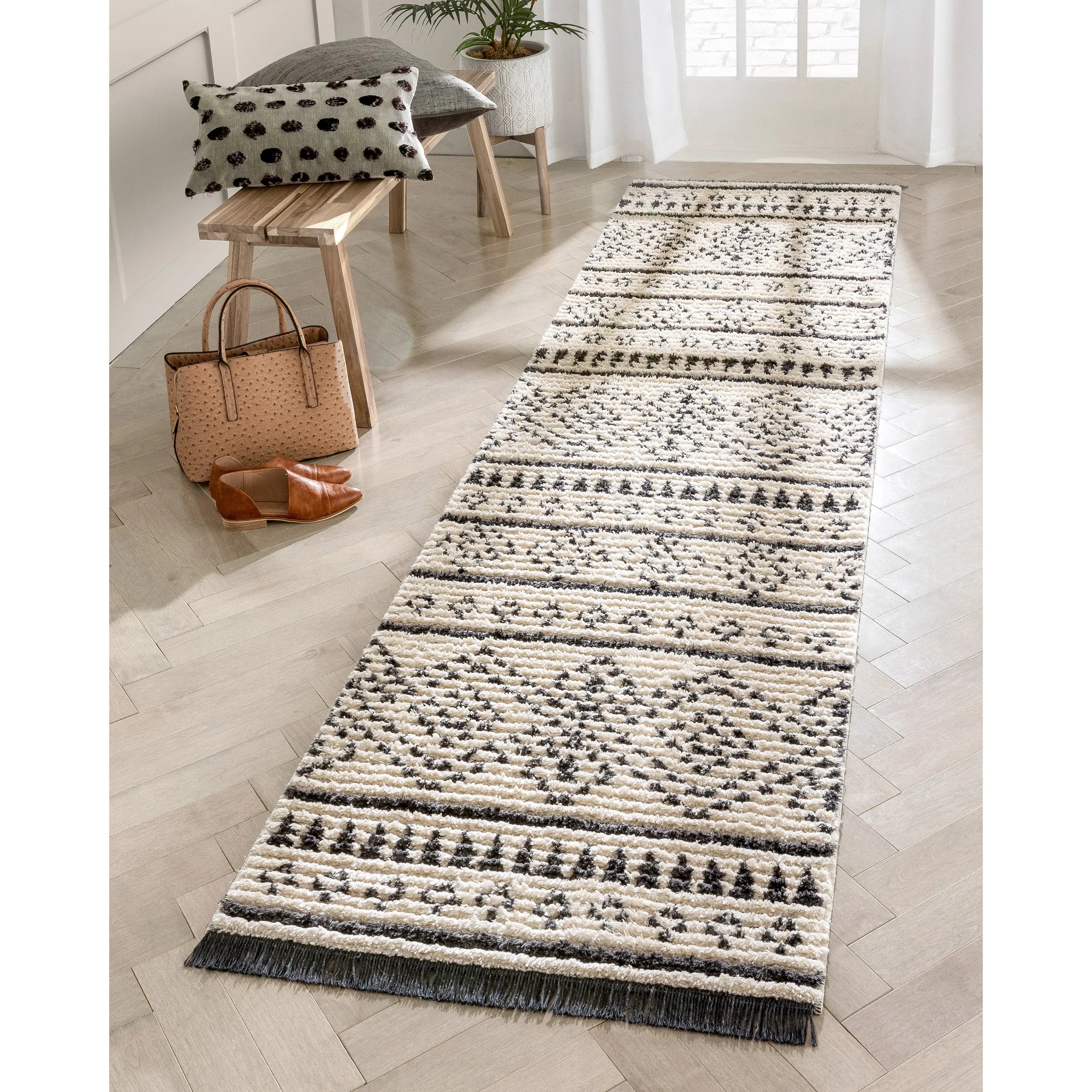 Odina Tribal Diamond Lattice Pattern Grey High-Low Textured Pile Rug
