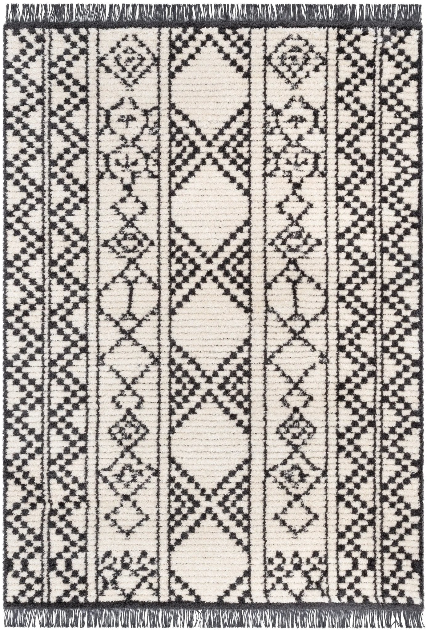 Tallulah Tribal Diamond Lattice Pattern Grey High-Low Textured Pile Rug Well Woven