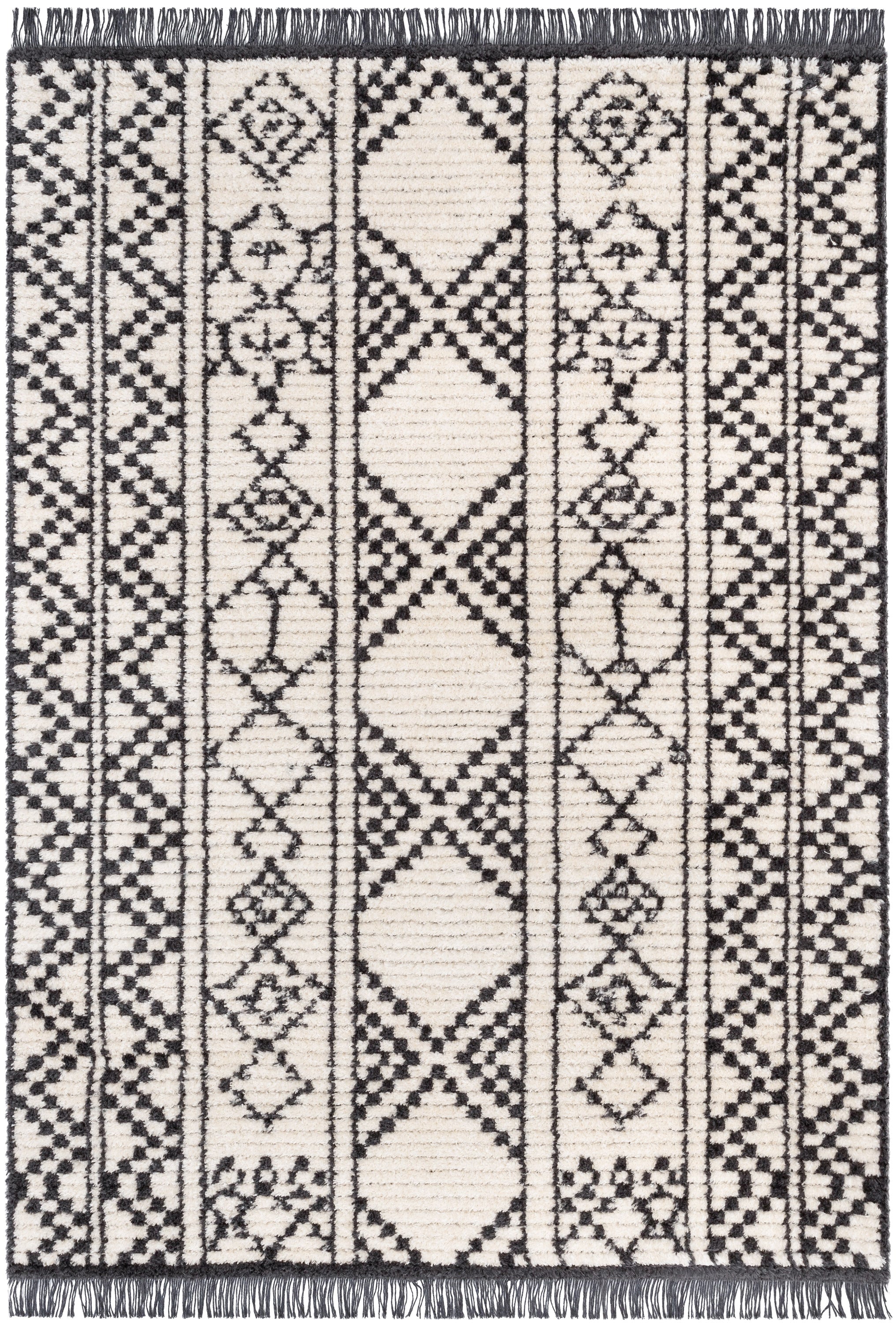 Tallulah Tribal Diamond Lattice Pattern Grey High-Low Textured Pile Rug