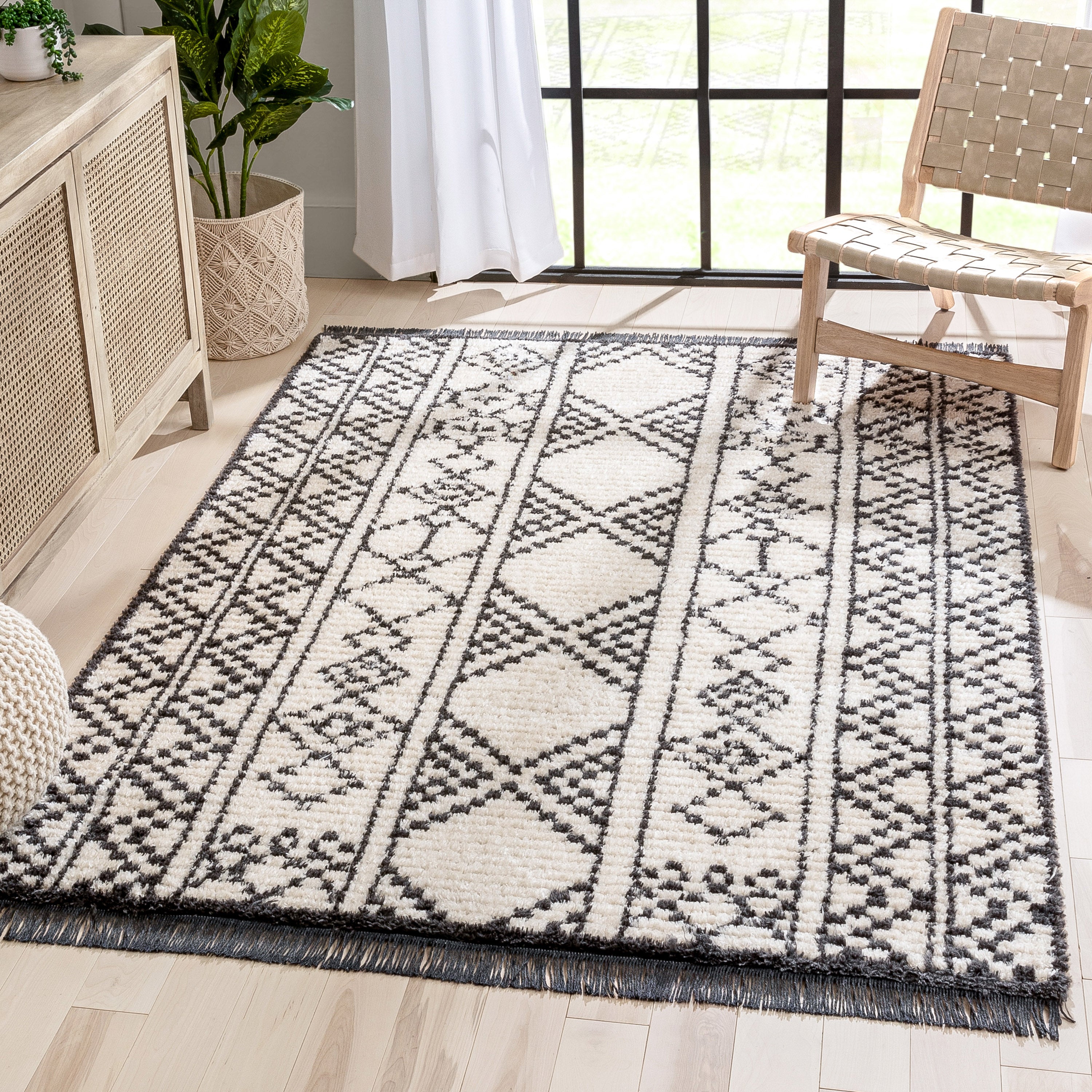 Tallulah Tribal Diamond Lattice Pattern Grey High-Low Textured Pile Rug