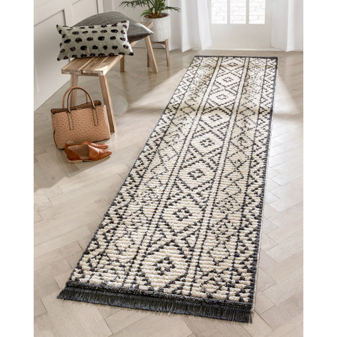 Tallulah Tribal Diamond Lattice Pattern Grey High-Low Textured Pile Rug