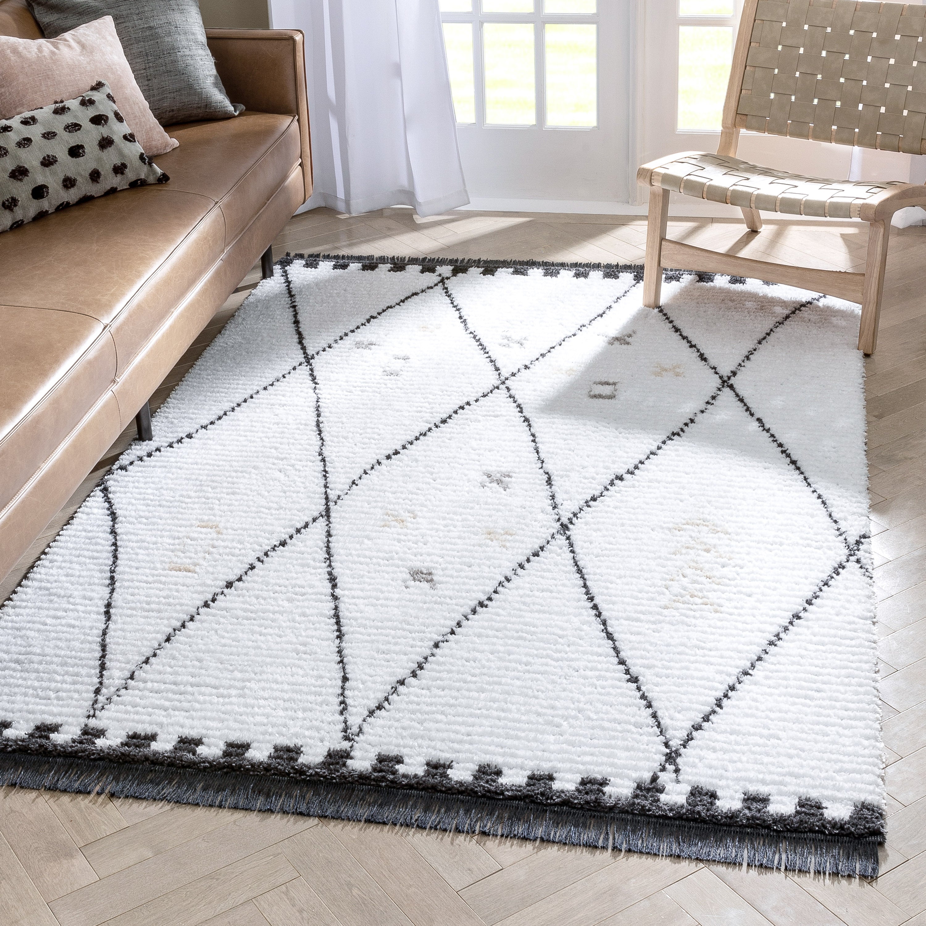 Soyala Tribal Diamond Lattice Pattern Grey High-Low Textured Pile Rug