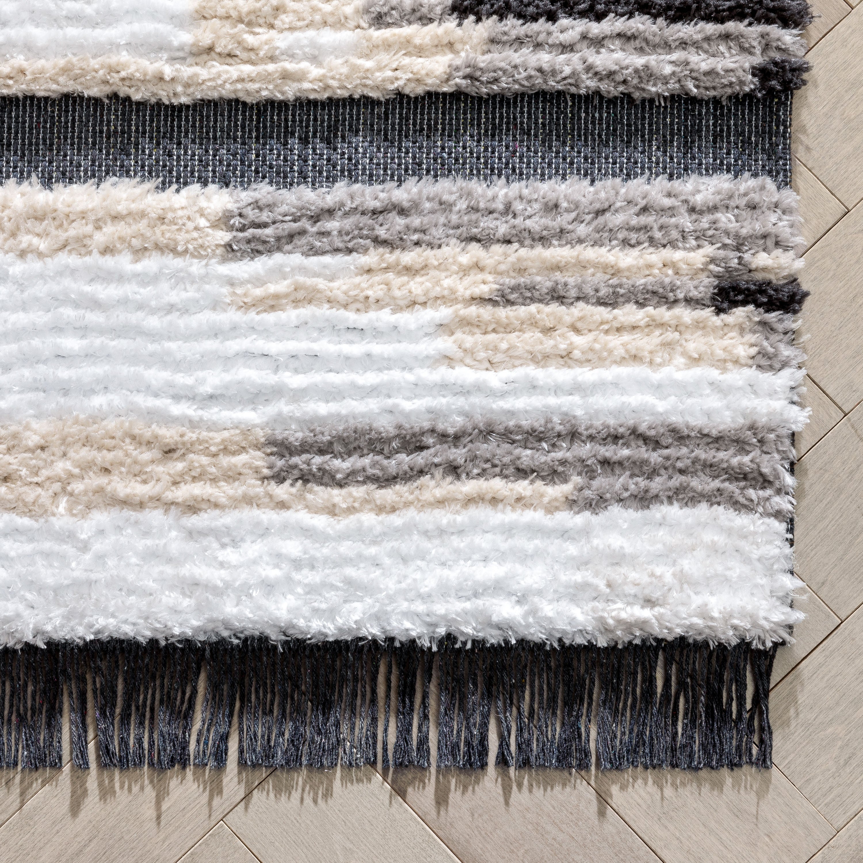 Tiva Tribal Geometric Stripes Grey High-Low Textured Pile Rug