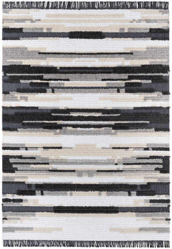 Tiva Tribal Geometric Stripes Grey High-Low Textured Pile Rug