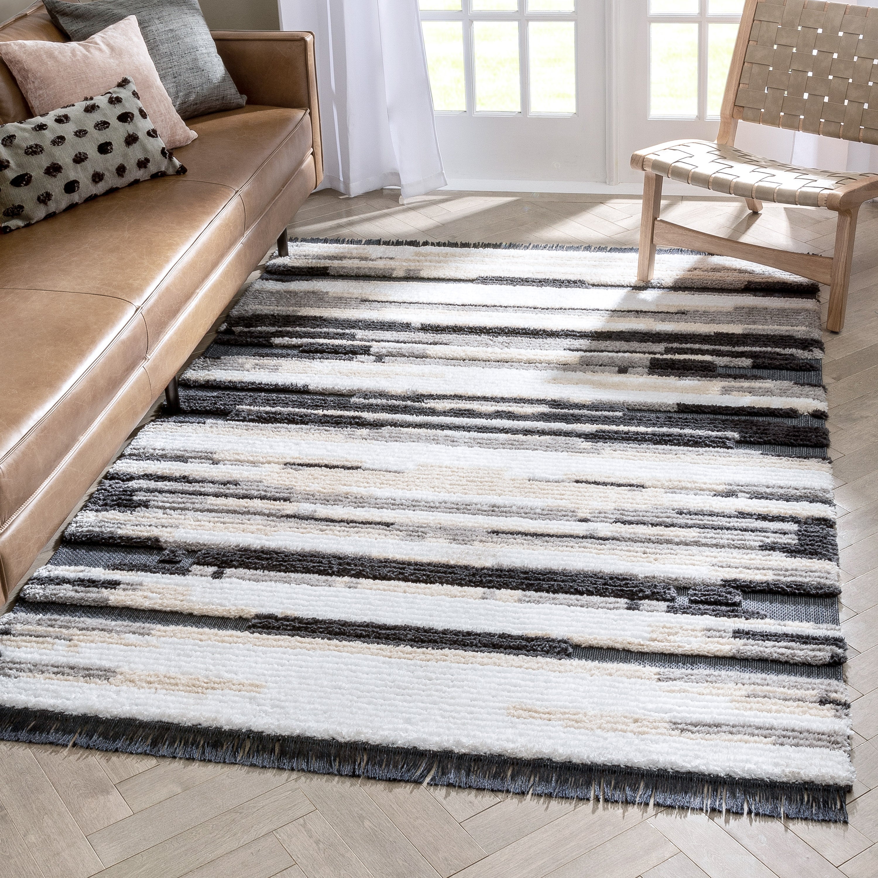 Tiva Tribal Geometric Stripes Grey High-Low Textured Pile Rug