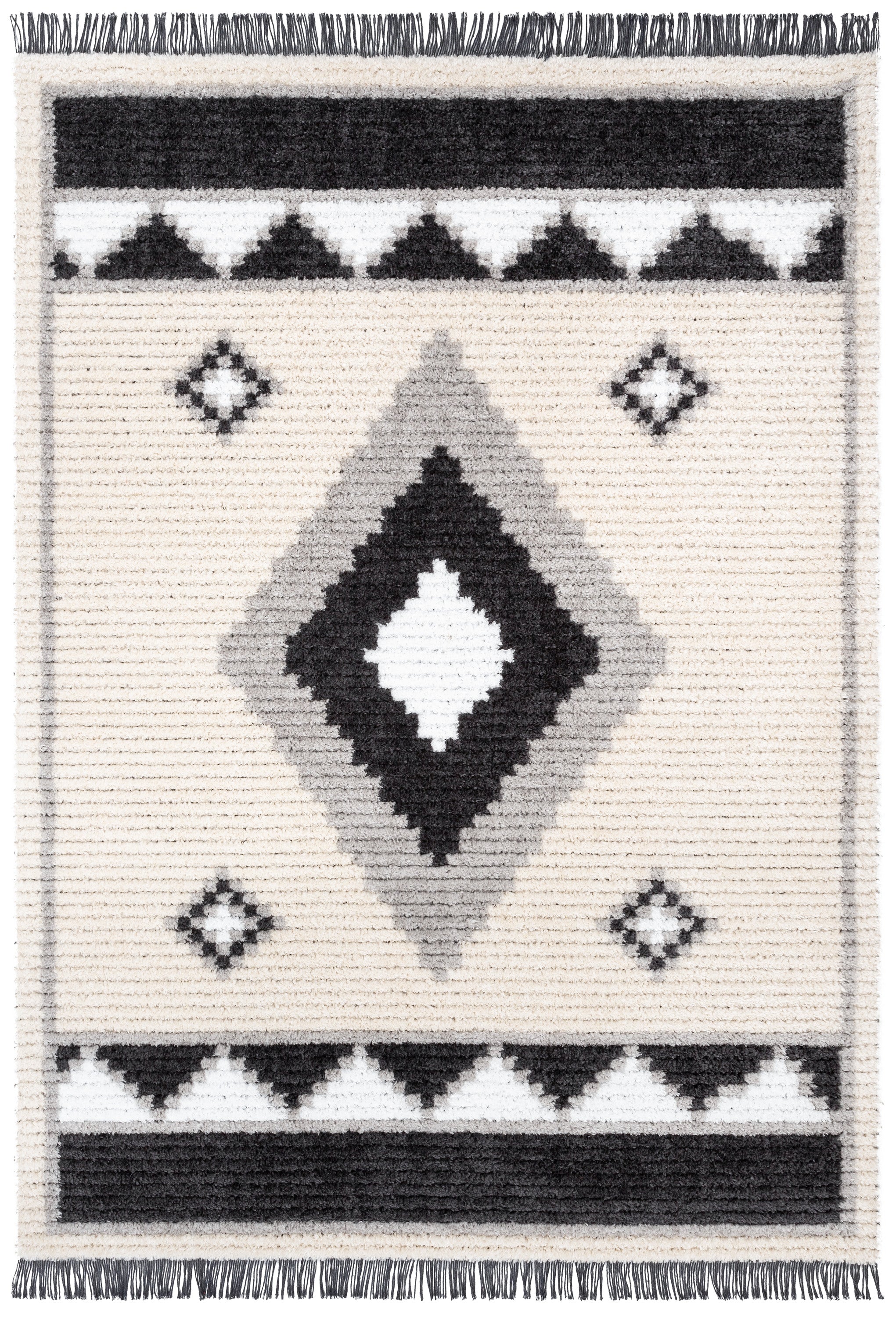 Una Moroccan Diamond Medallion Pattern Grey High-Low Textured Pile Rug