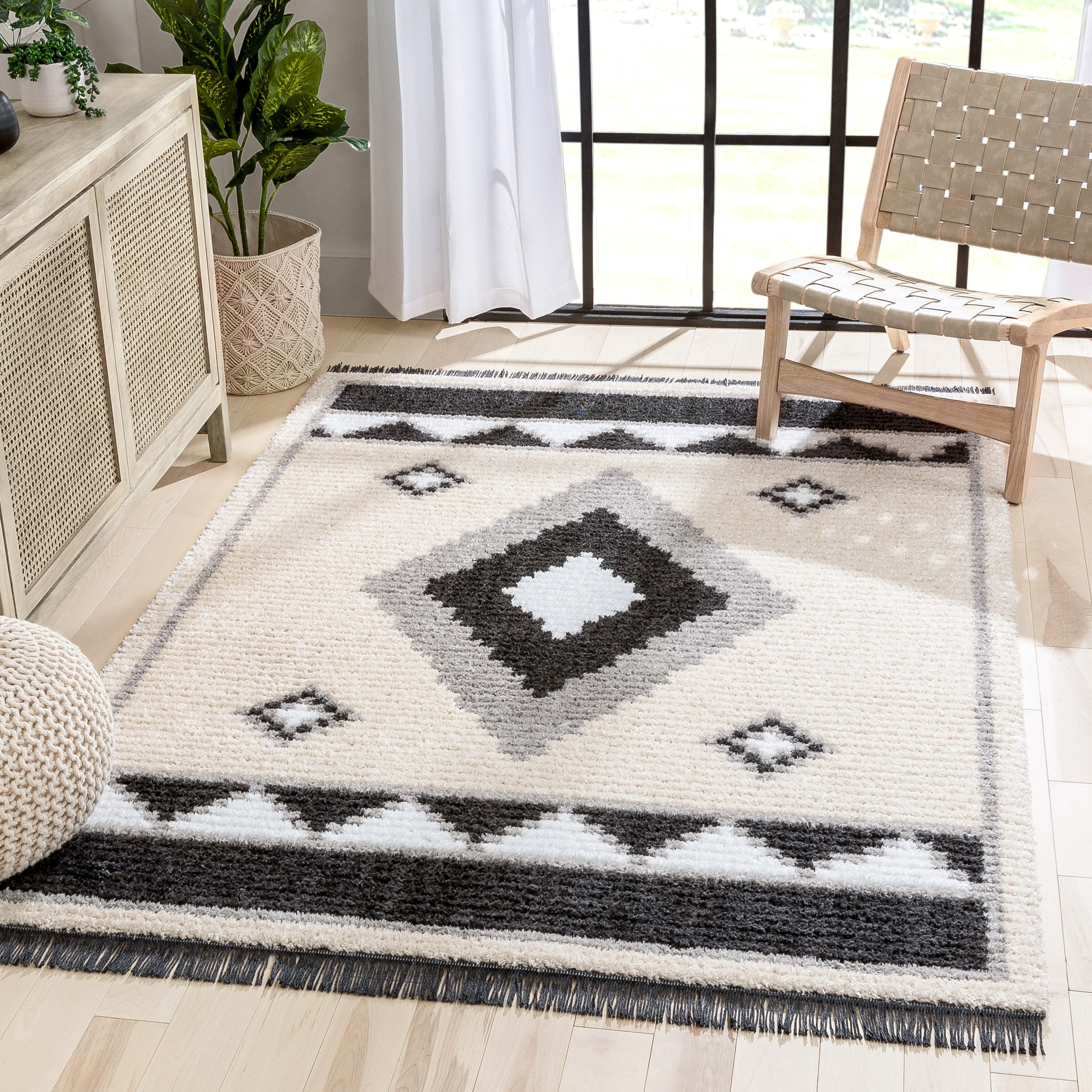 Una Moroccan Diamond Medallion Pattern Grey High-Low Textured Pile Rug