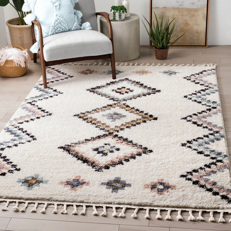 Moselle Vintage Moroccan Diamond Ivory Shag Rug