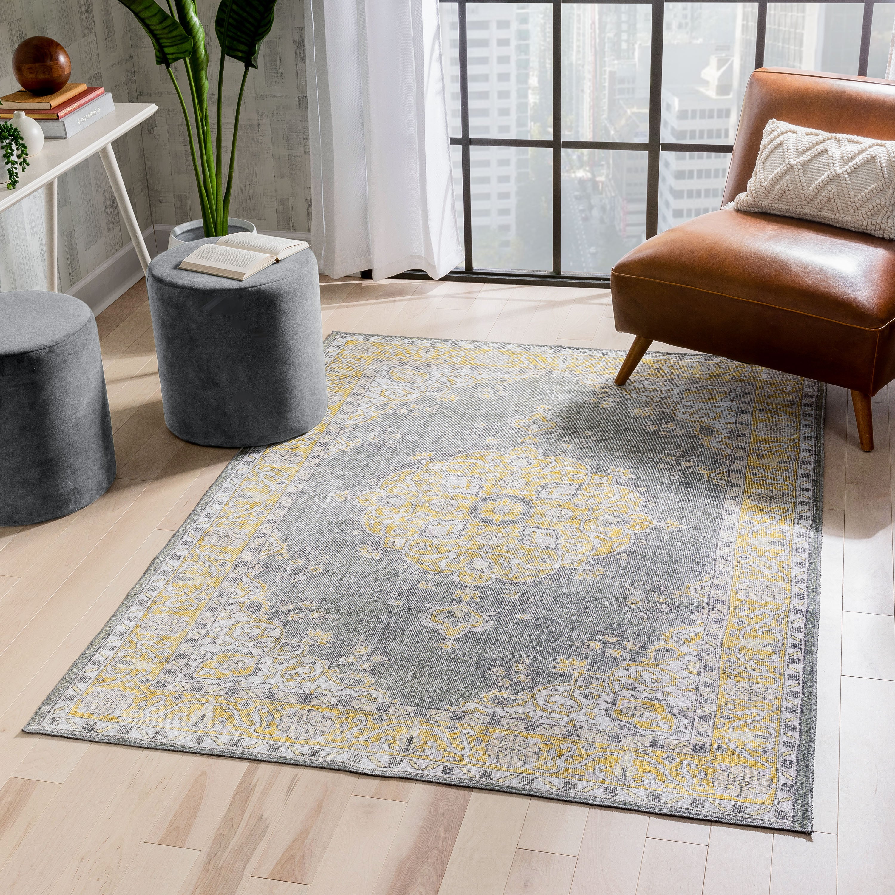 Tarifa Vintage Bohemian Medallion Yellow Machine Washable Rug By Chill Rugs