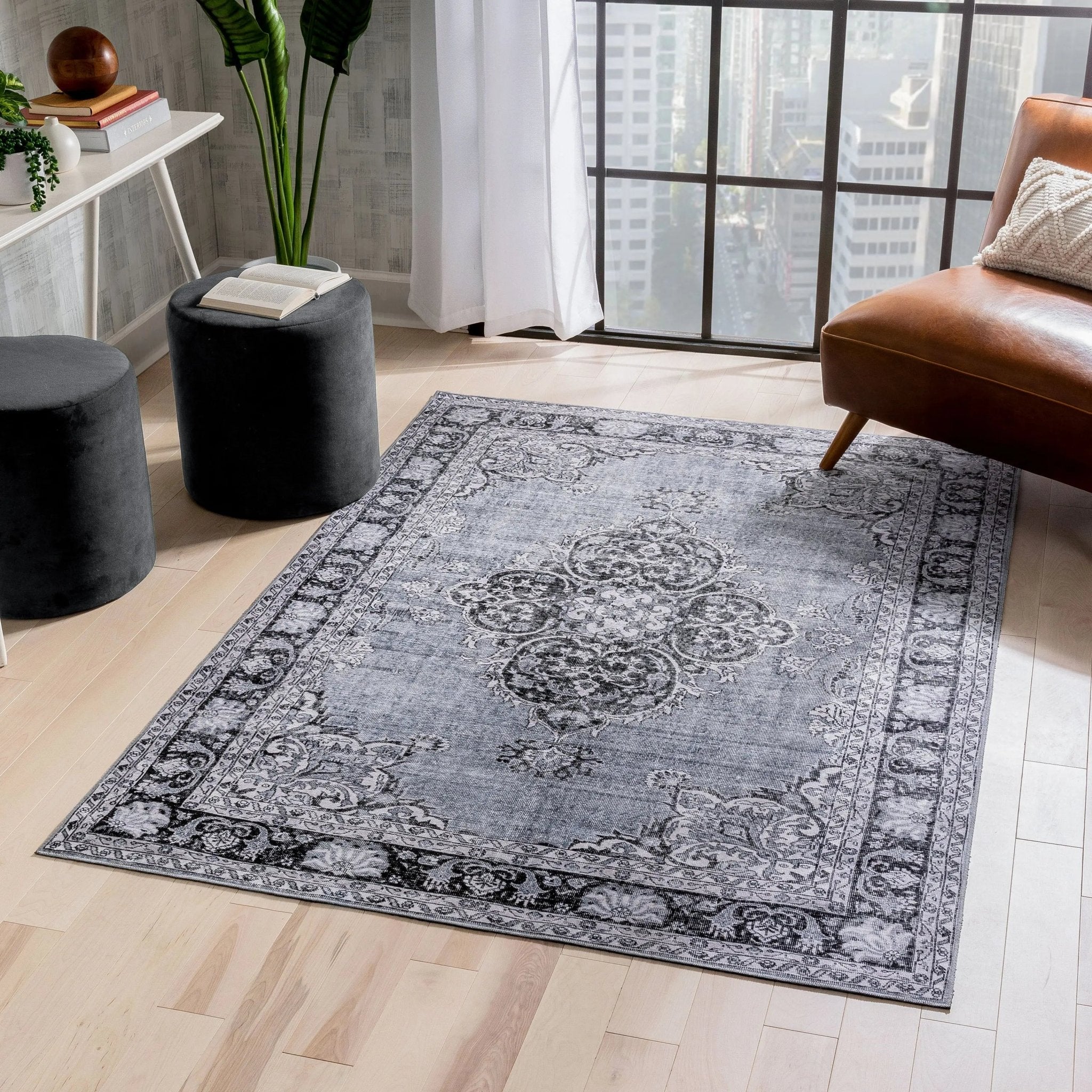 Tarifa Vintage Bohemian Medallion Grey Machine Washable Rug Well Woven