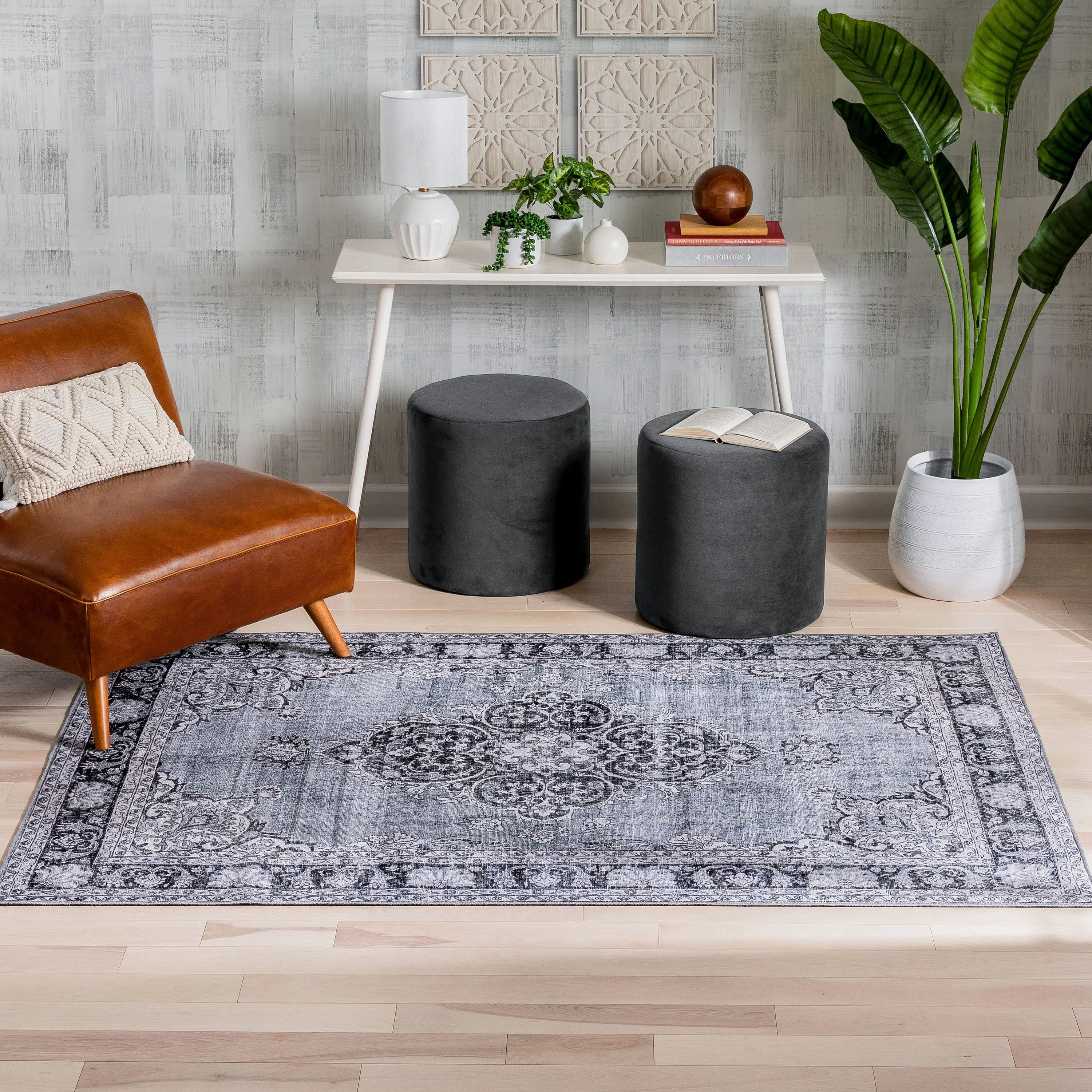 Tarifa Vintage Bohemian Medallion Grey Machine Washable Rug Well Woven