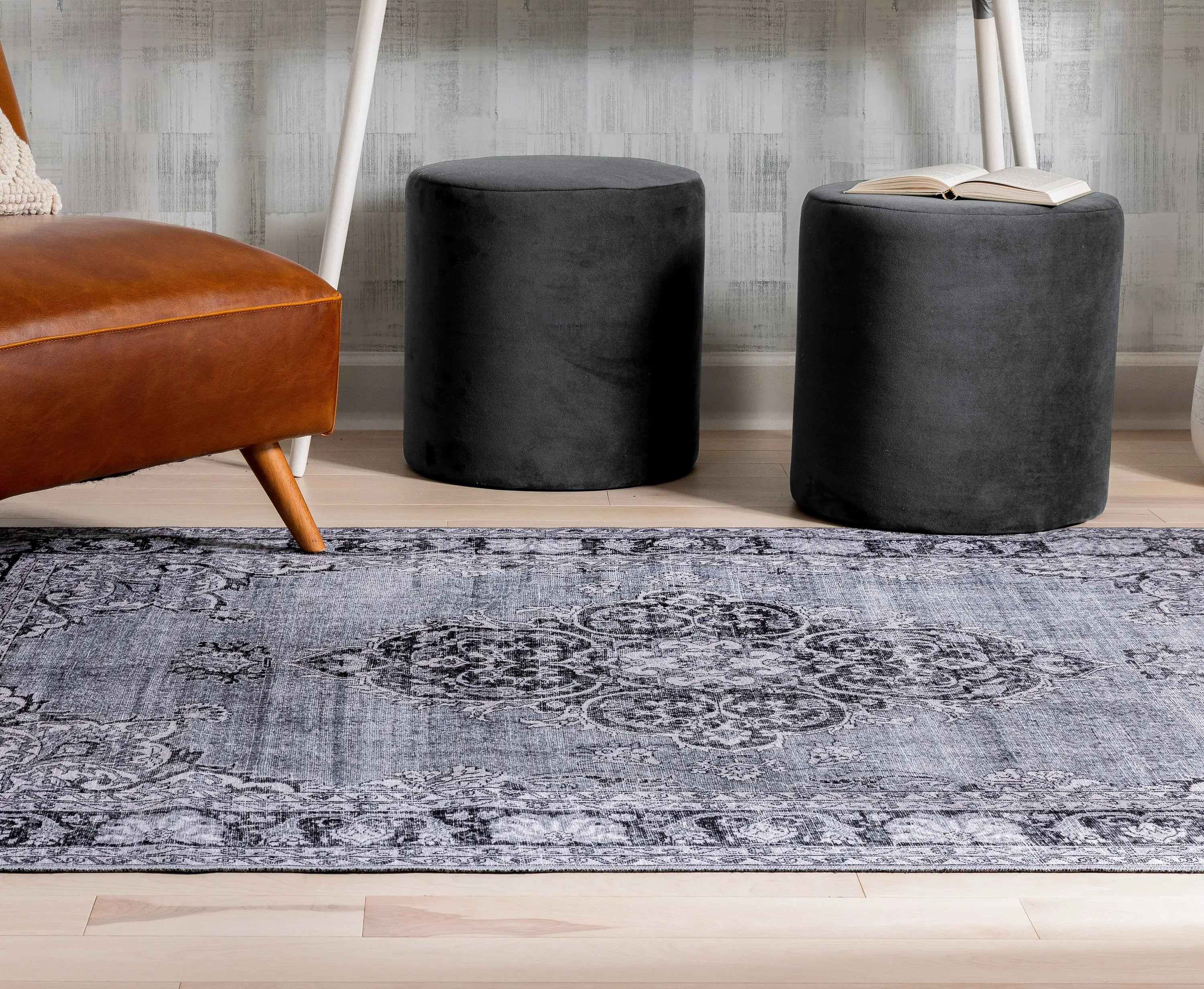 Tarifa Vintage Bohemian Medallion Grey Machine Washable Rug Well Woven