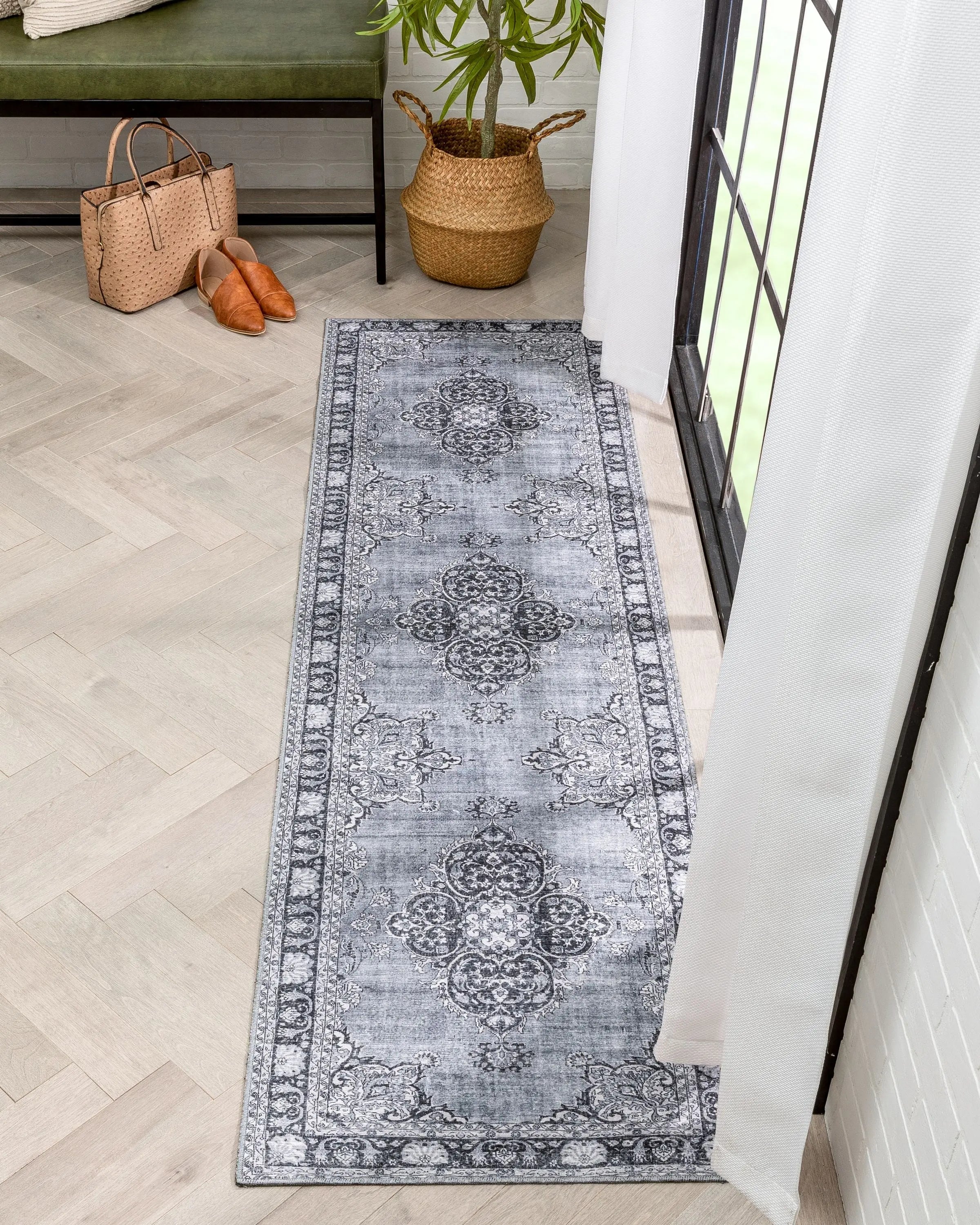Tarifa Vintage Bohemian Medallion Grey Machine Washable Rug Well Woven
