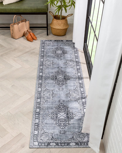 Tarifa Vintage Bohemian Medallion Grey Machine Washable Rug Well Woven