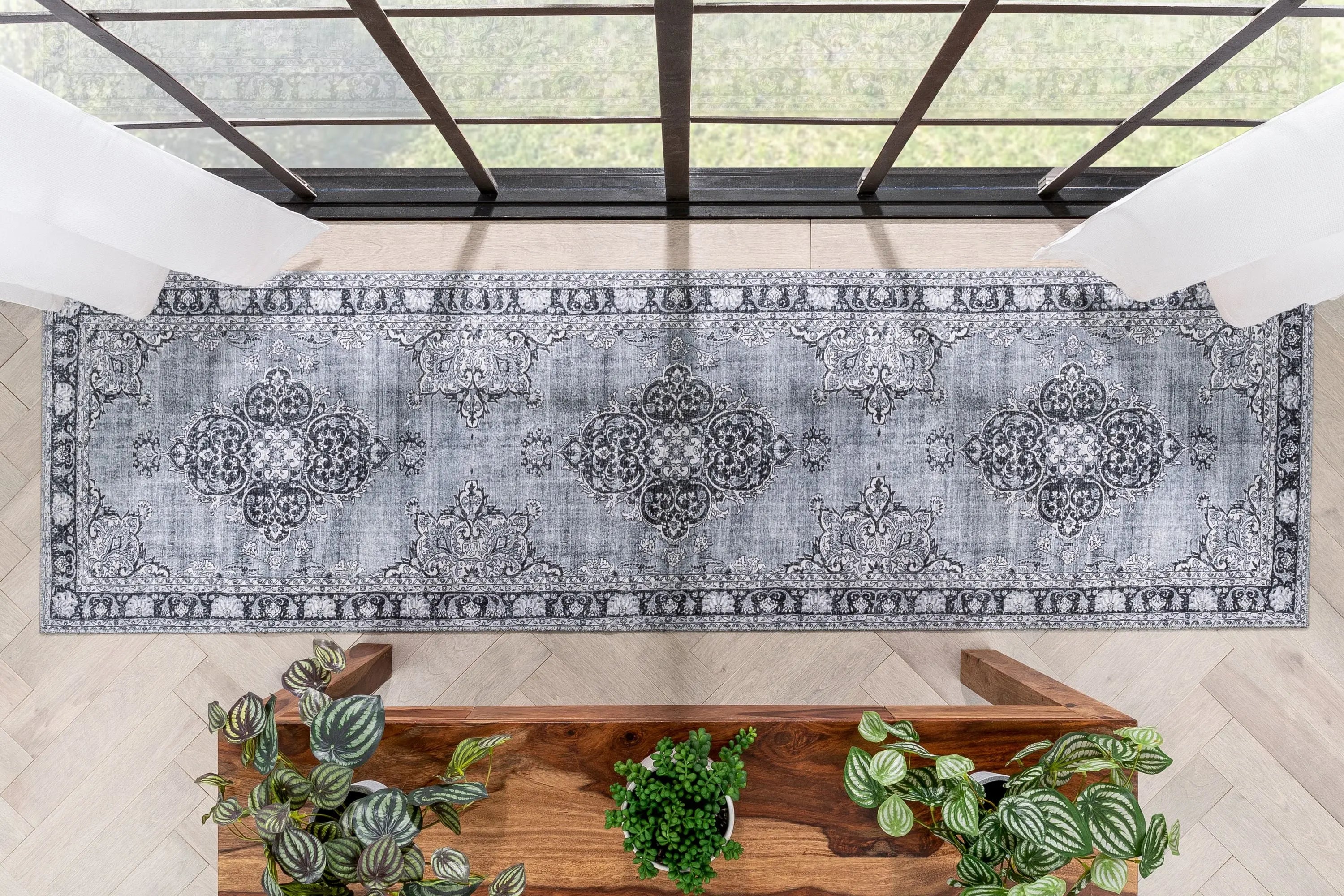 Tarifa Vintage Bohemian Medallion Grey Machine Washable Rug Well Woven