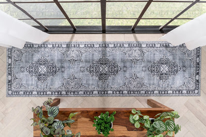 Tarifa Vintage Bohemian Medallion Grey Machine Washable Rug Well Woven