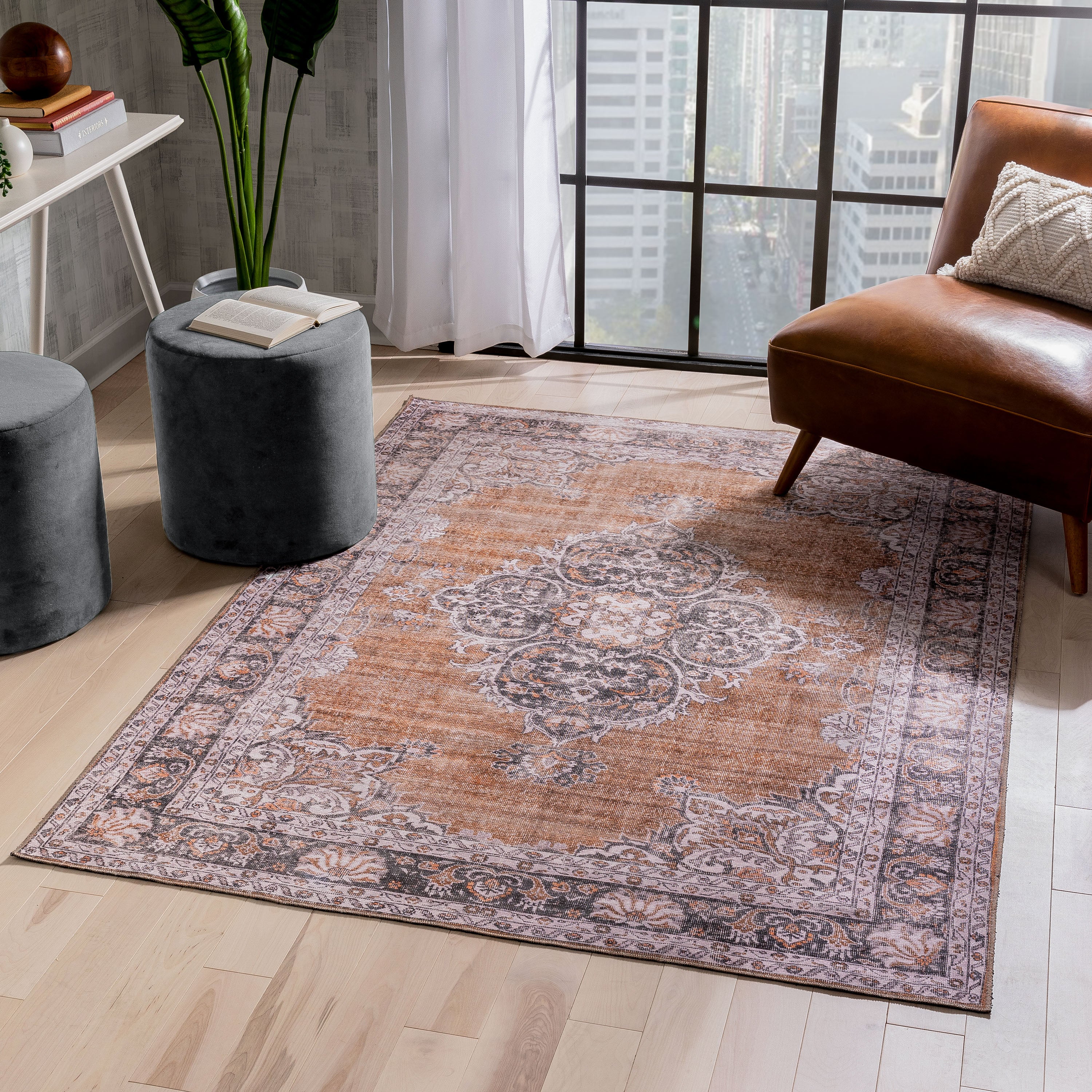 Tarifa Vintage Bohemian Medallion Rust Machine Washable Rug