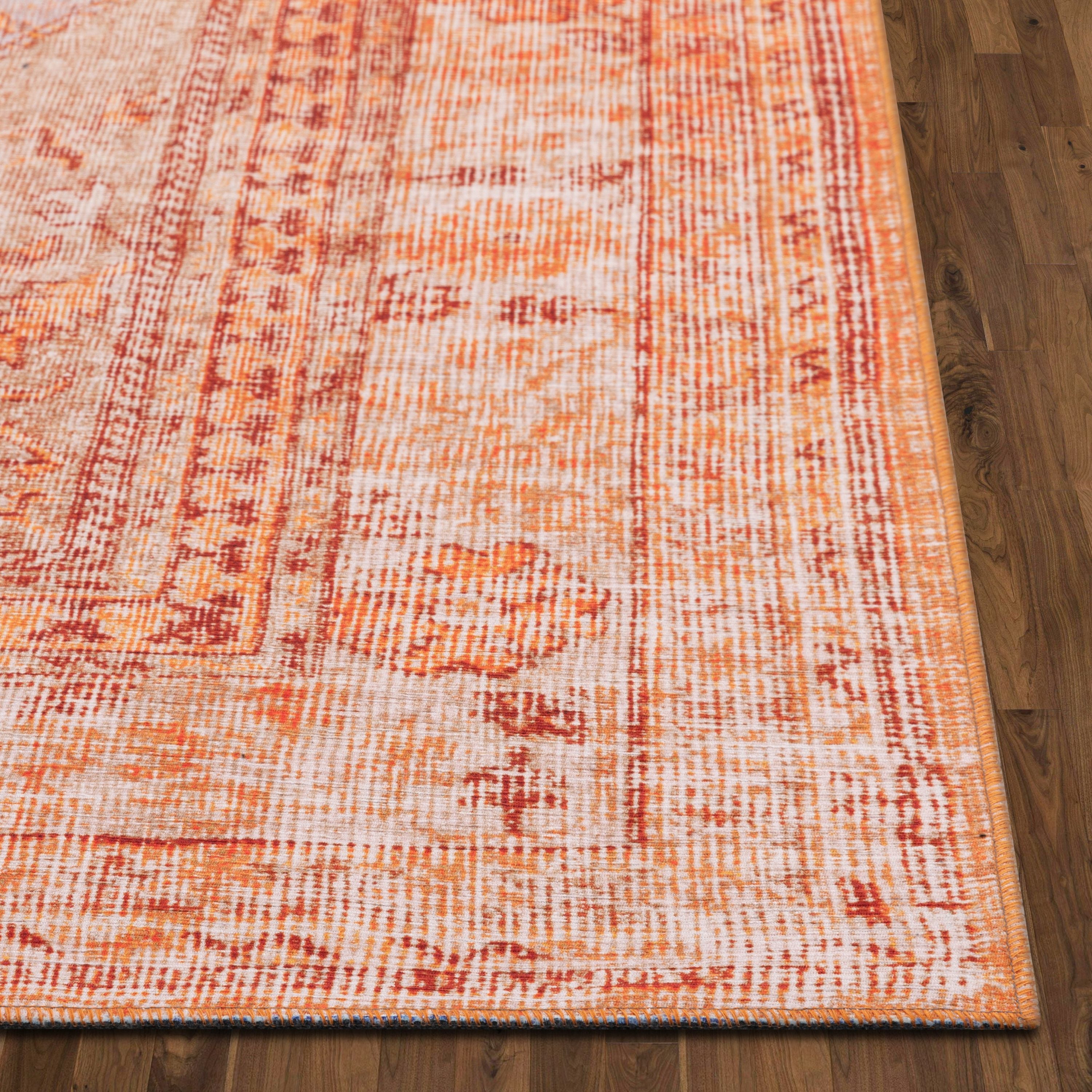 Gila Machine Washable Vintage Bohemian Medallion Oriental Orange Flat-Weave Distressed Rug