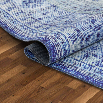 Gila Machine Washable 5'3" x 7'3"  Vintage Bohemian Medallion Oriental Dark Blue Flat-Weave Rug