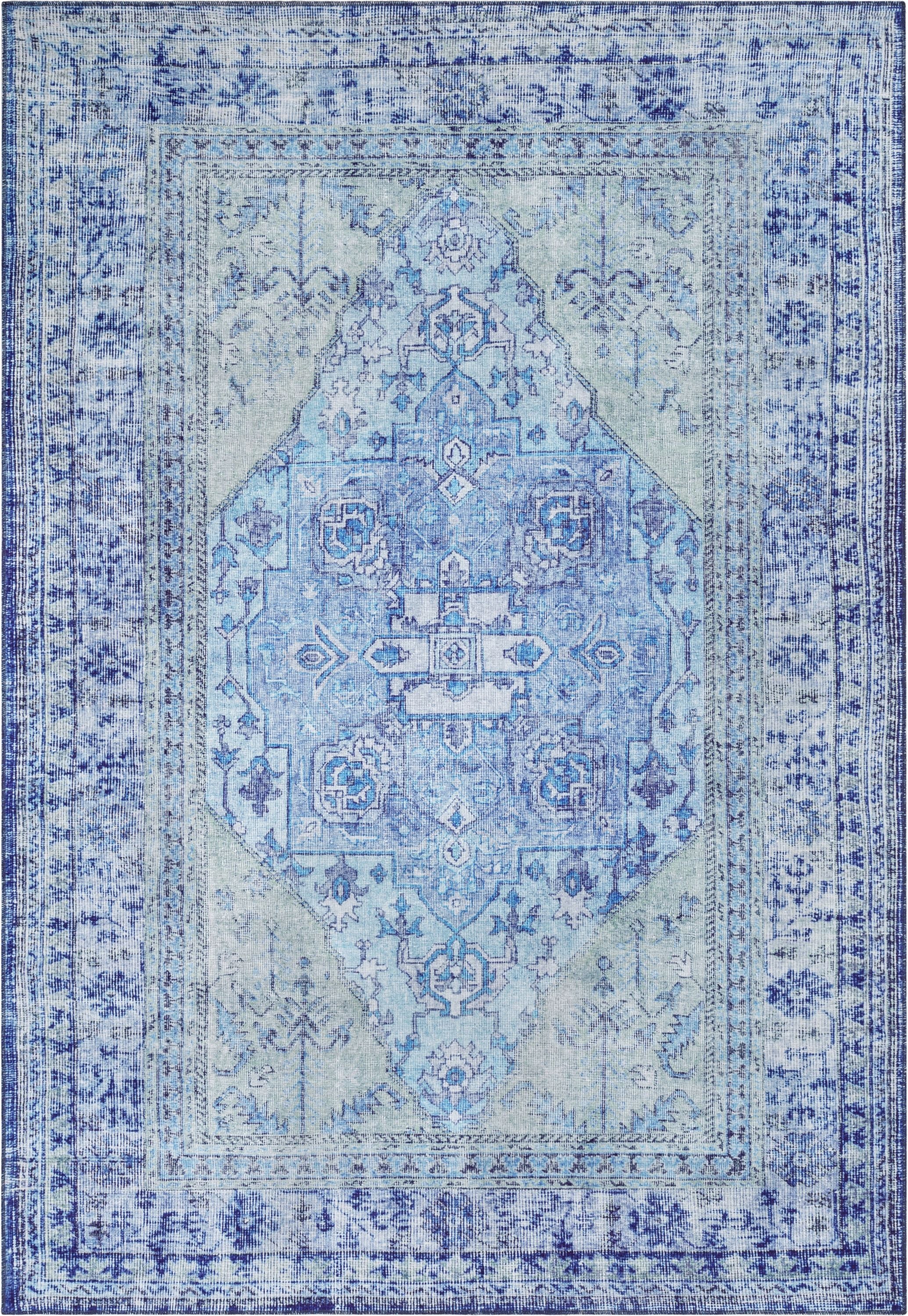 Gila Machine Washable 5'3" x 7'3"  Vintage Bohemian Medallion Oriental Dark Blue Flat-Weave Rug