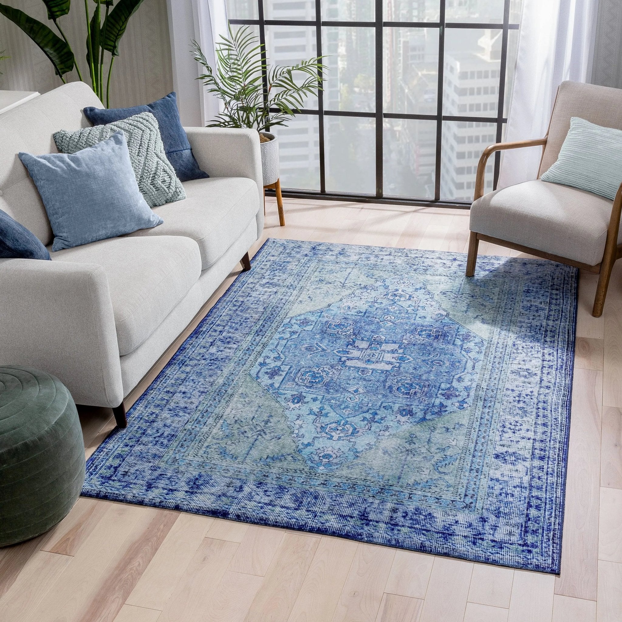 Gila Machine Washable 5'3" x 7'3"  Vintage Bohemian Medallion Oriental Dark Blue Flat-Weave Rug Well Woven