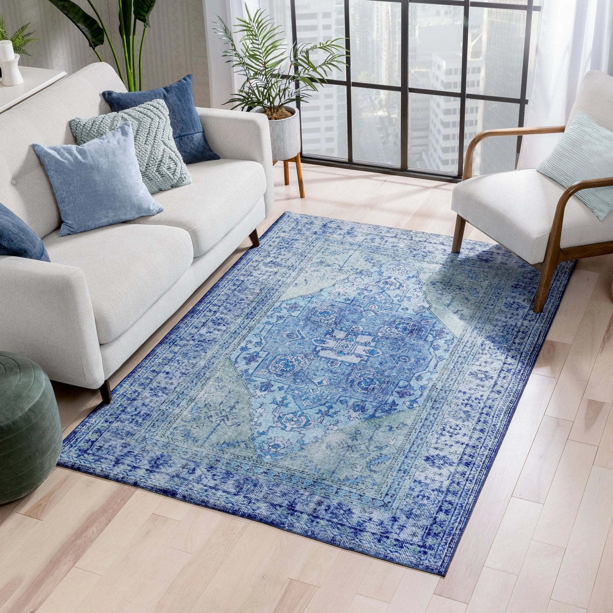 Gila Machine Washable 5'3" x 7'3"  Vintage Bohemian Medallion Oriental Dark Blue Flat-Weave Rug Well Woven