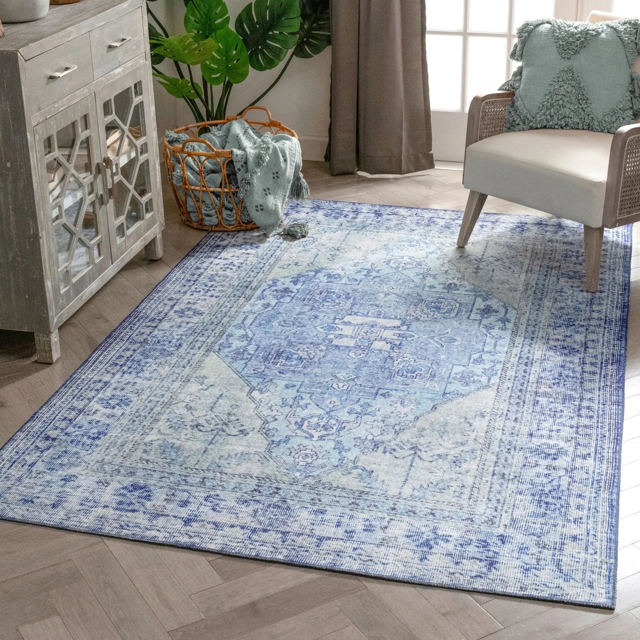 Gila Machine Washable 5'3" x 7'3"  Vintage Bohemian Medallion Oriental Dark Blue Flat-Weave Rug Well Woven