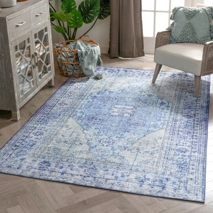 Gila Machine Washable 5'3" x 7'3"  Vintage Bohemian Medallion Oriental Dark Blue Flat-Weave Rug