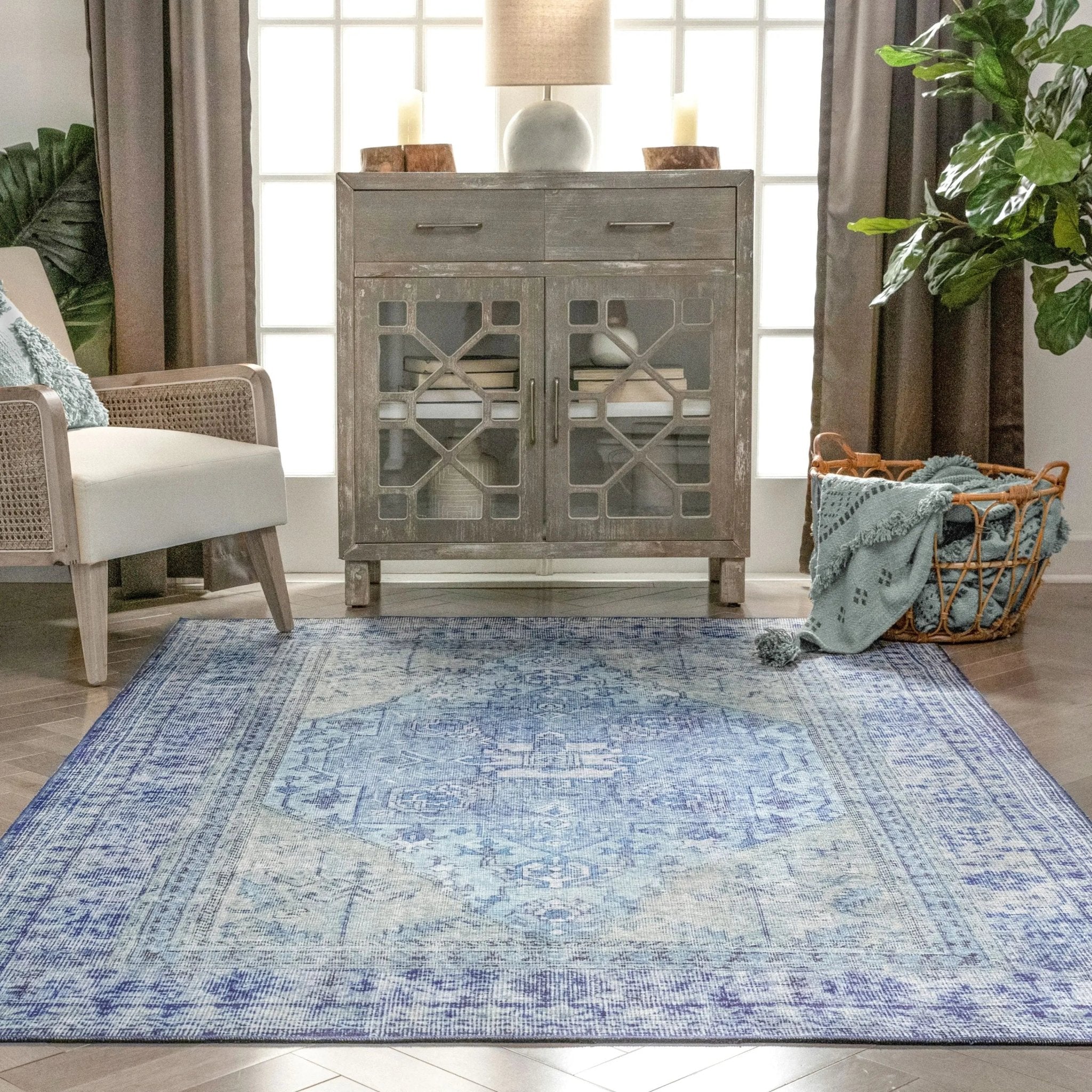 Gila Machine Washable 5'3" x 7'3"  Vintage Bohemian Medallion Oriental Dark Blue Flat-Weave Rug Well Woven