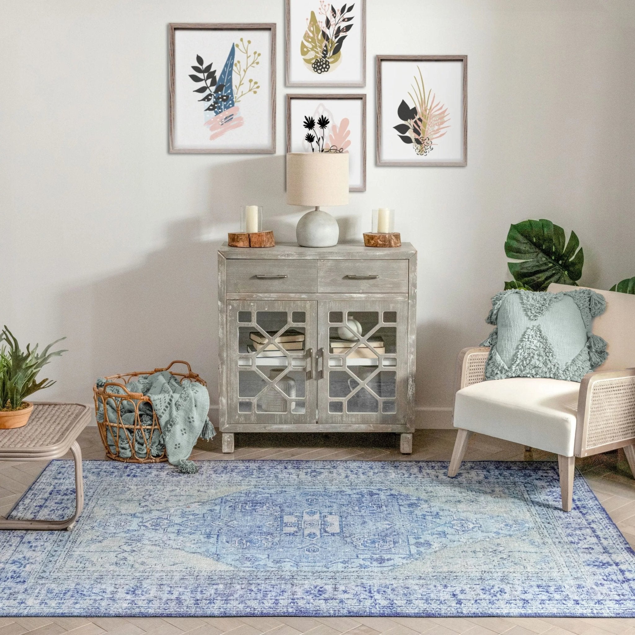 Gila Machine Washable 5'3" x 7'3"  Vintage Bohemian Medallion Oriental Dark Blue Flat-Weave Rug Well Woven