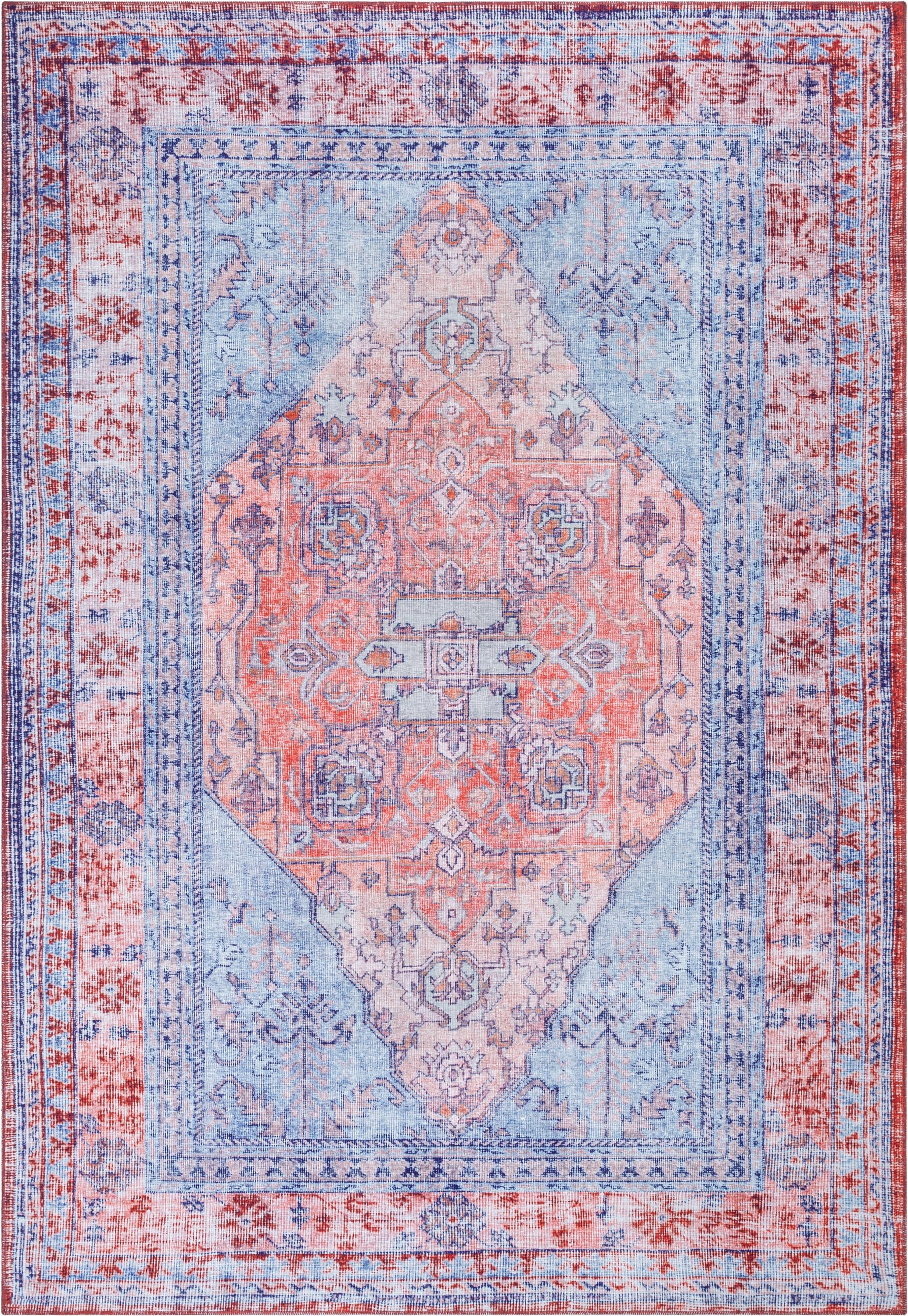 Gila Machine Washable Vintage Bohemian Medallion Oriental Blue Red Flat-Weave Distressed Rug