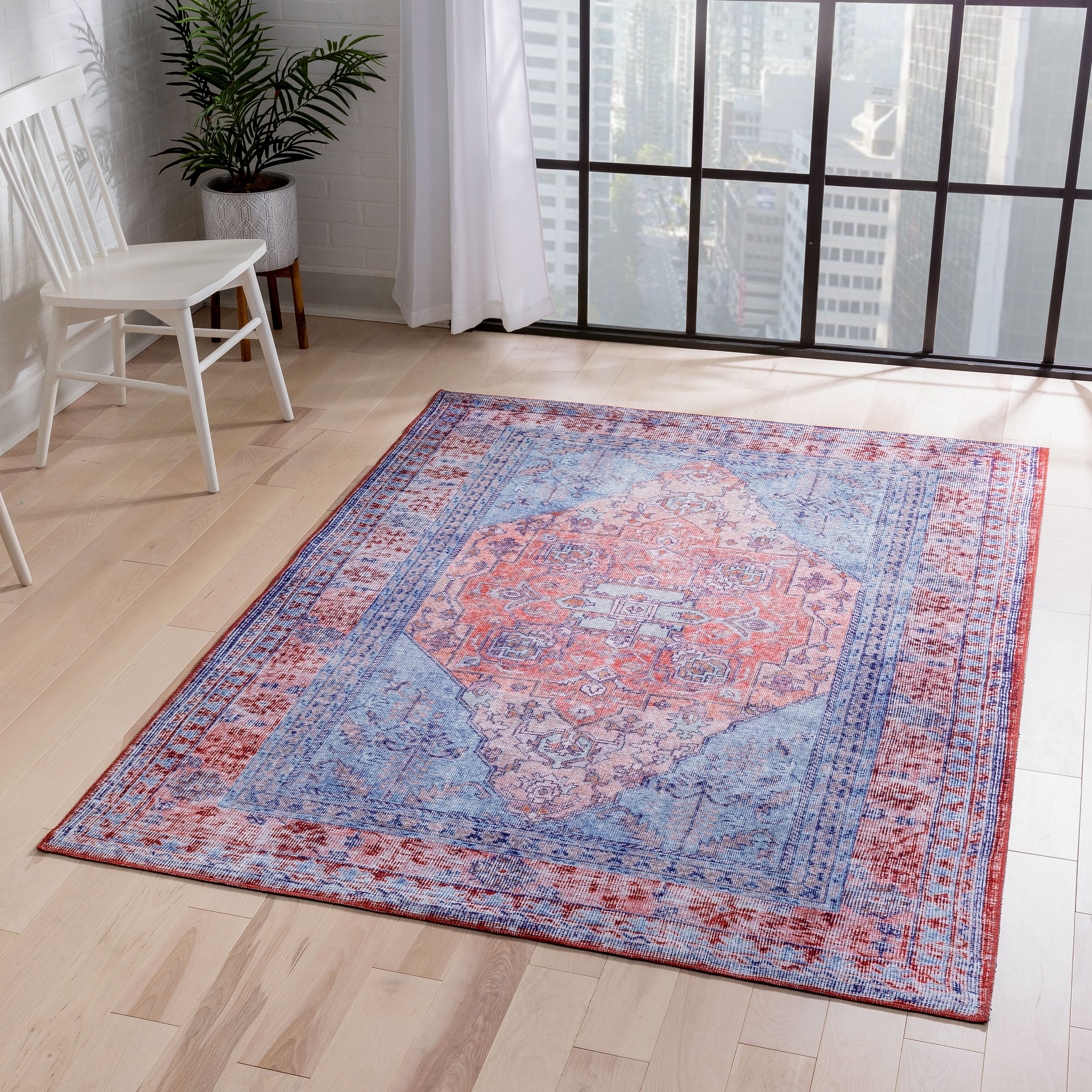 Gila Machine Washable Vintage Bohemian Medallion Oriental Blue Red Flat-Weave Distressed Rug