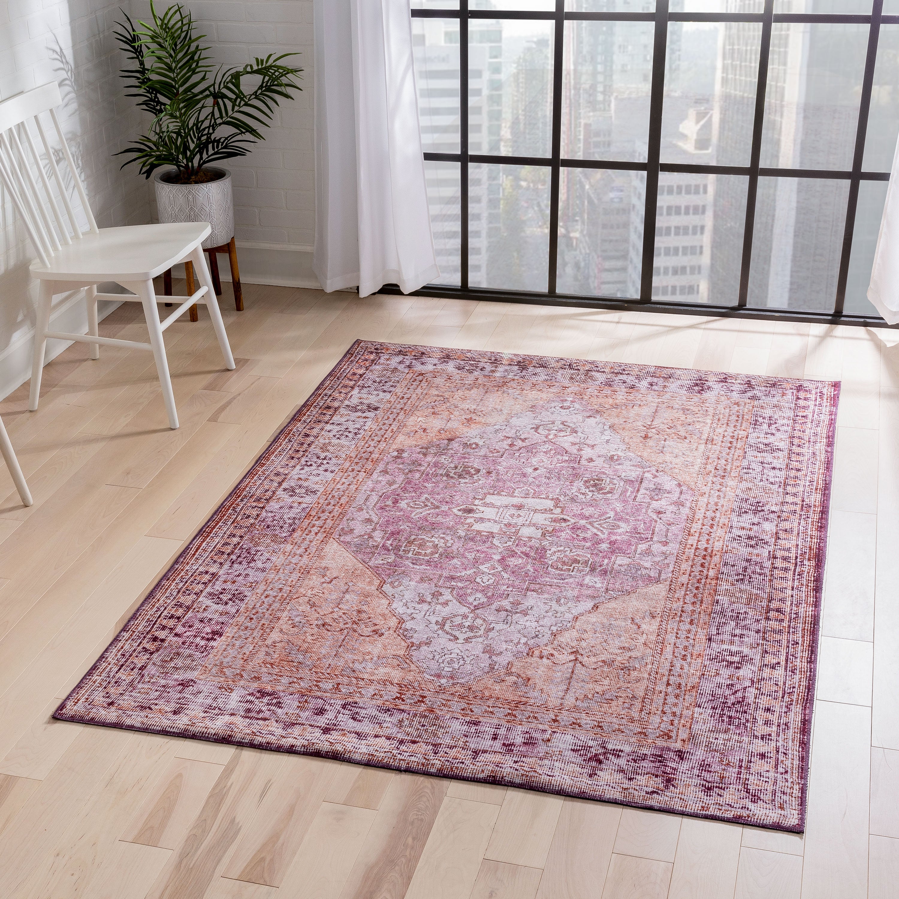 Gila Machine Washable Vintage Bohemian Medallion Oriental Purple Flat-Weave Distressed Rug