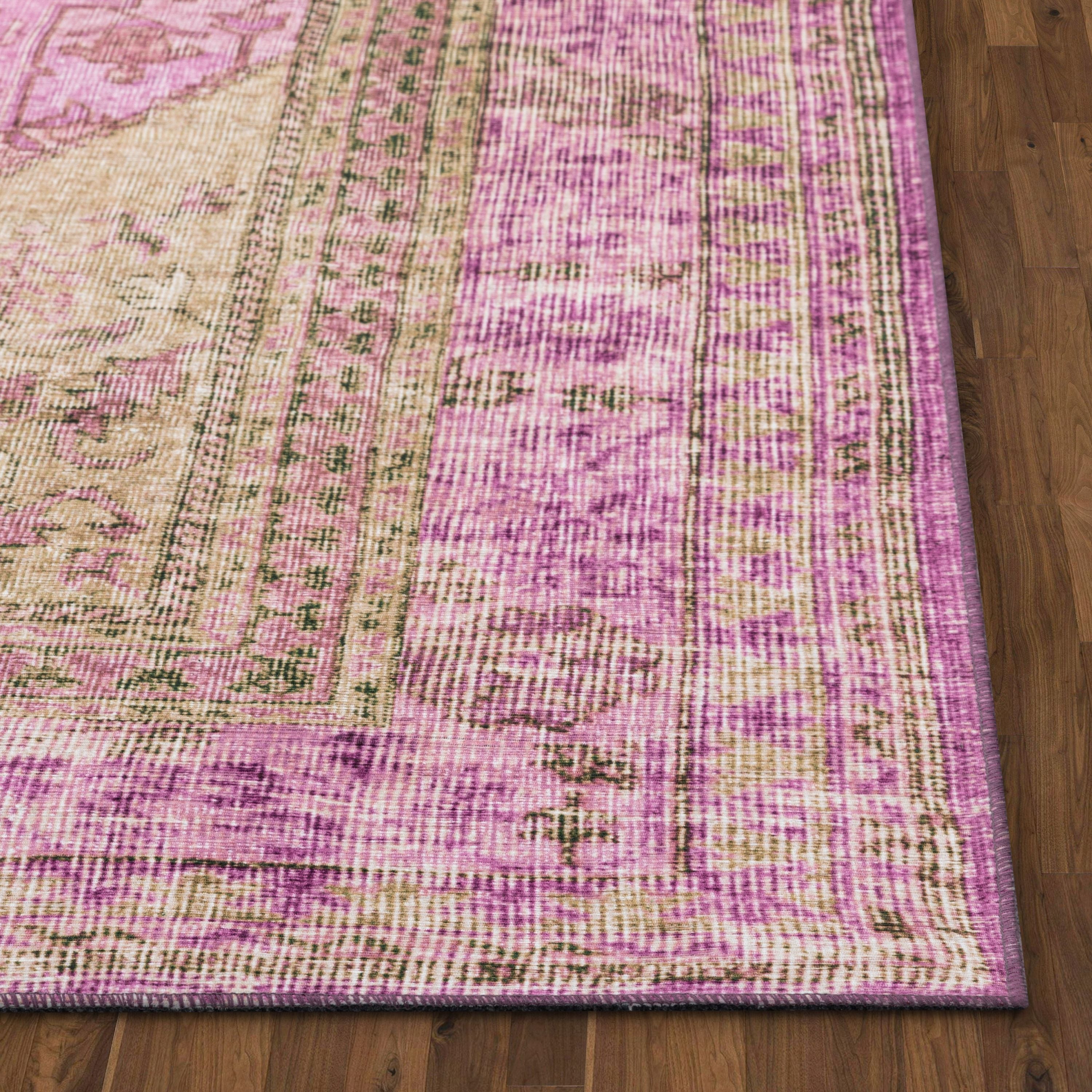 Gila Machine Washable Vintage Bohemian Medallion Oriental Pink Flat-Weave Distressed Rug