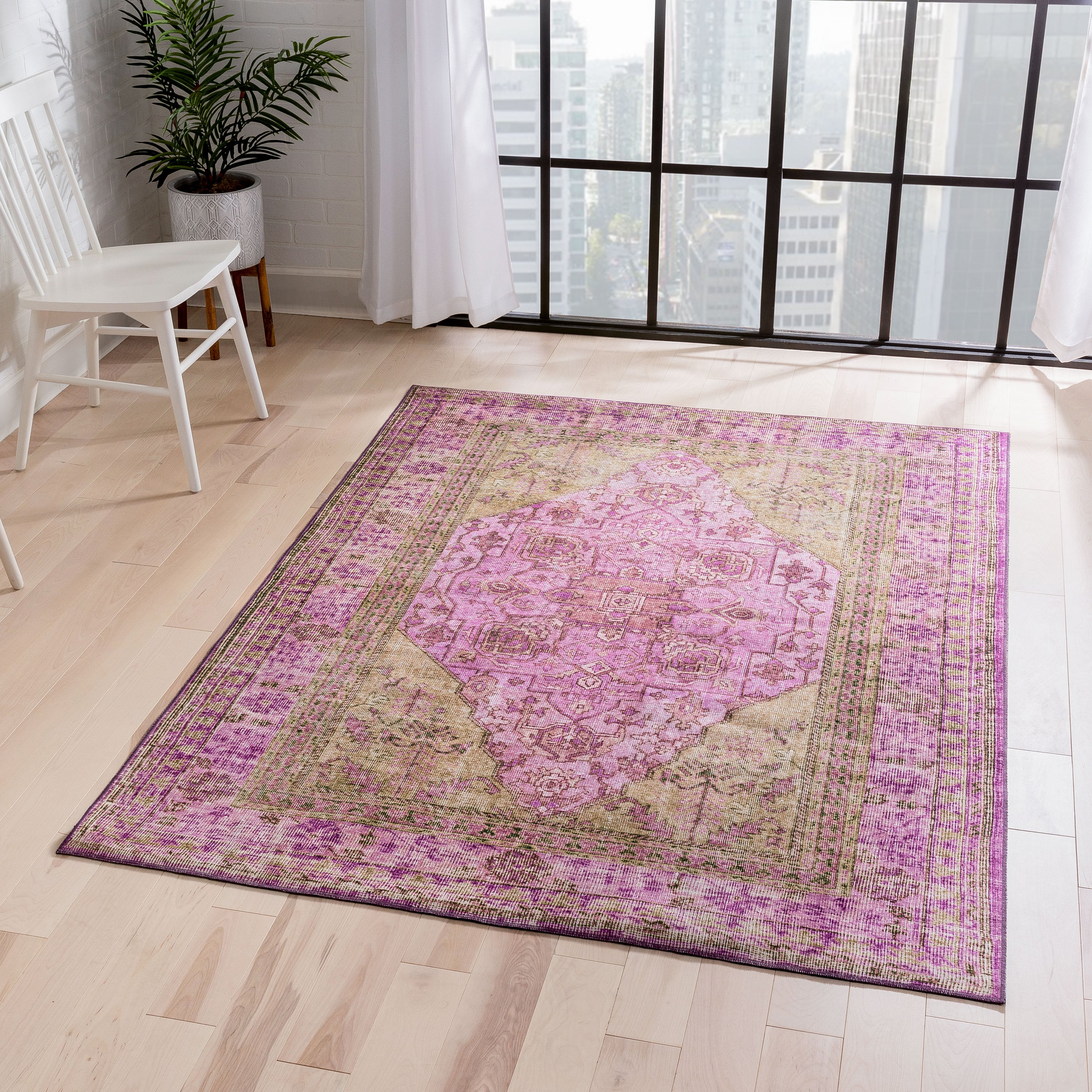 Gila Machine Washable Vintage Bohemian Medallion Oriental Pink Flat-Weave Distressed Rug