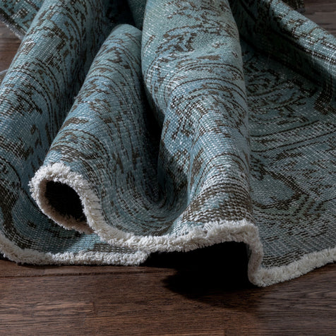 Ekrem Light Blue Overdyed Floral Pattern One-of-a-Kind Handmade Wool Area Rug 5'8" x 9'