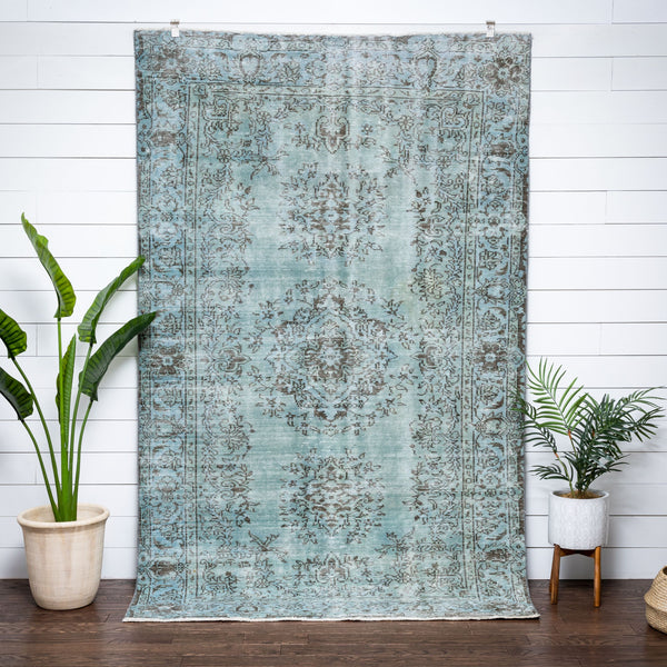 Ekrem Light Blue Overdyed Floral Pattern One-of-a-Kind Handmade Wool Area Rug 5'8" x 9'