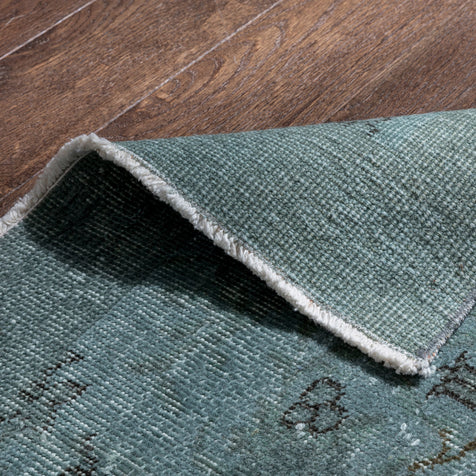 Edar Light Blue Overdyed Floral Botanical Border Pattern One-of-a-Kind Handmade Wool Area Rug 5'3" x 8'9"
