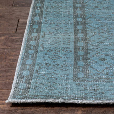 Ardin Light Blue Overdyed Floral Botanical Border Pattern One-of-a-Kind Handmade Wool Area Rug 5'6" x 9'